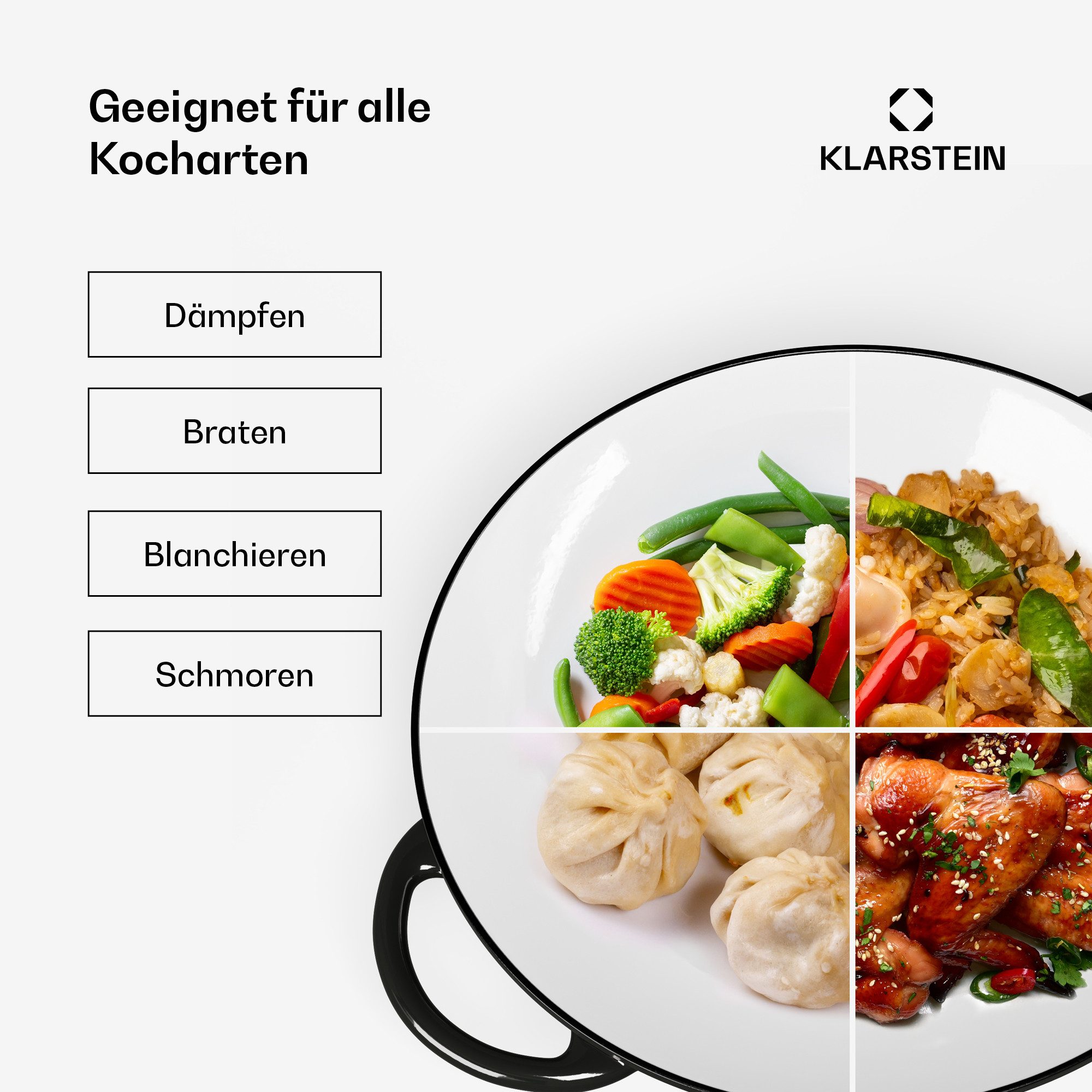 Klarstein Wok Jersey Black Cast Iron Enamel Wok, Gusseisen, Emaille und Edelstahl (Set, Wok 37 cm diameter), Wok Kochen ofenfest induktion Gas Elektro Gusseisen – Bild 4 von 5