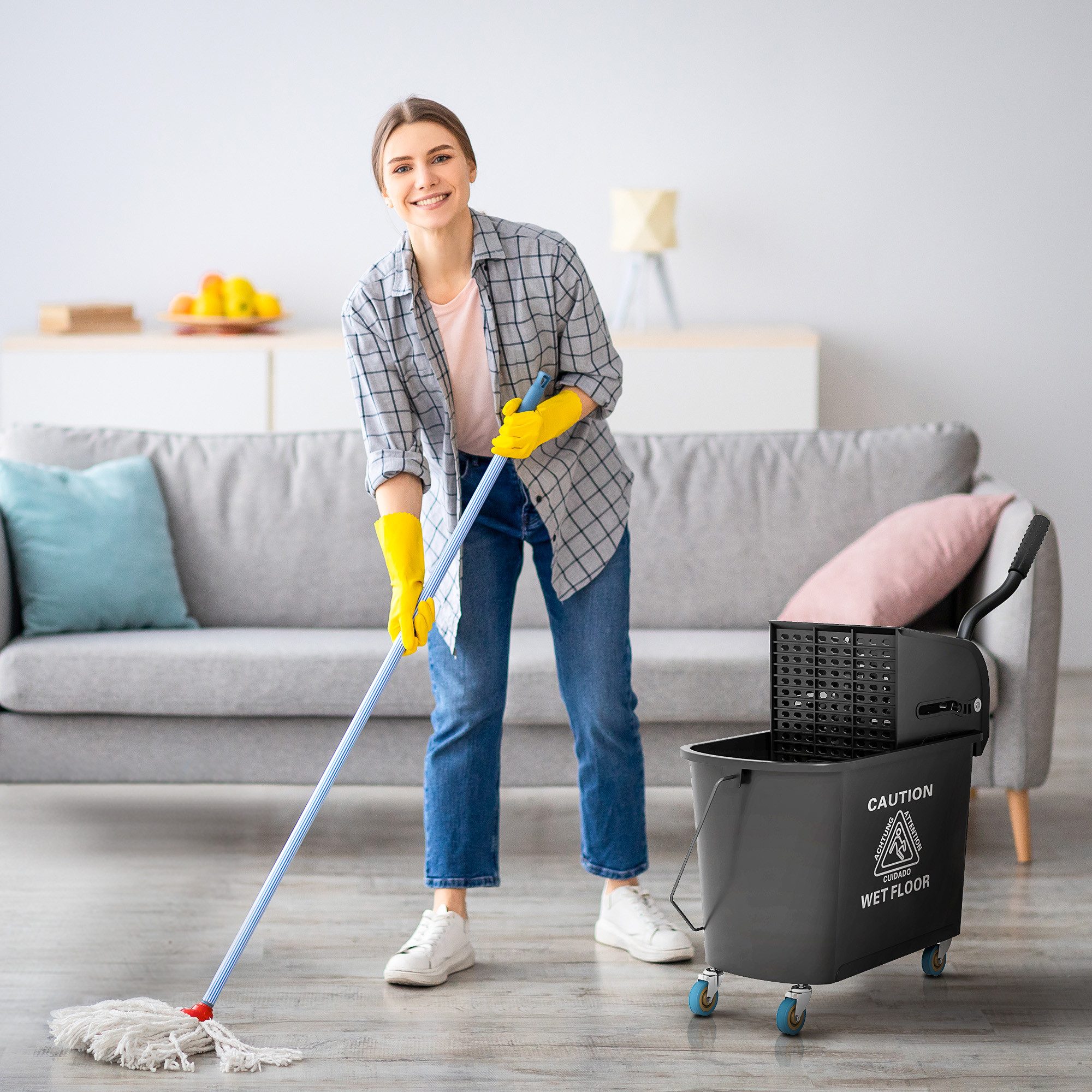 HOMCOM Putzeimer Reinigungswagen mit Wischmopp, 20 L Eimer, mit Trennwand, (Wischwagen, 1-tlg., Putzwage), mit Presse 2 Kammern Schwarz