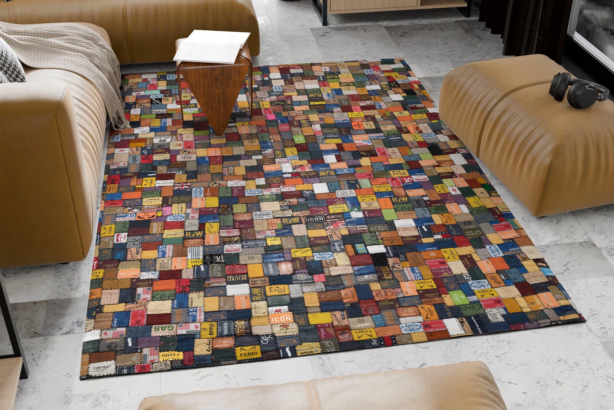OCI DIE TEPPICHMARKE Lederteppich Labelstar, rechteckig, Höhe: 10 mm, echtes Leder, UNIKAT, handgenäht, Patchwork aus Leder Jeanslabel