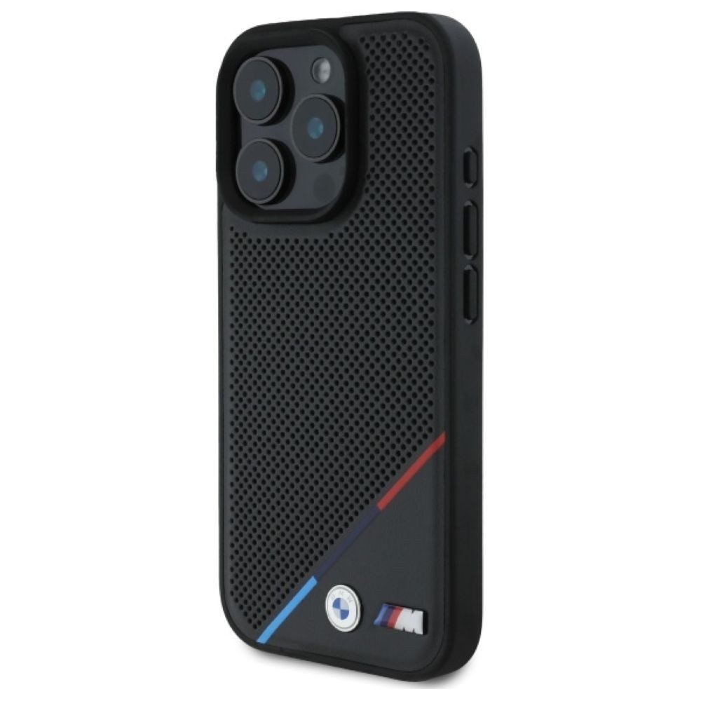 BMW Handyhülle iPhone 16 Pro Max Tricolor Kunstleder gelocht schwarz MagSafe 6,9 Zoll, Kantenschutz