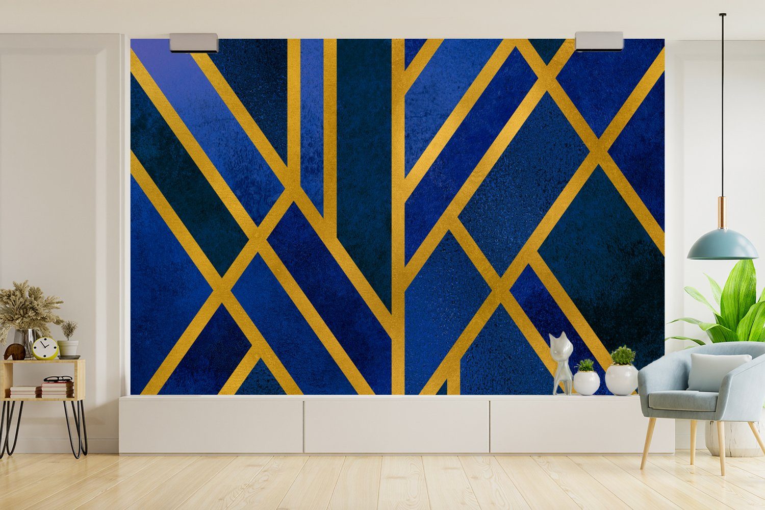 Blau Matt, - bedruckt, Gold Fototapete (6 MuchoWow Vinyl Wallpaper Wohnzimmer, Kinderzimmer, Tapete für St), Schlafzimmer, - Muster,