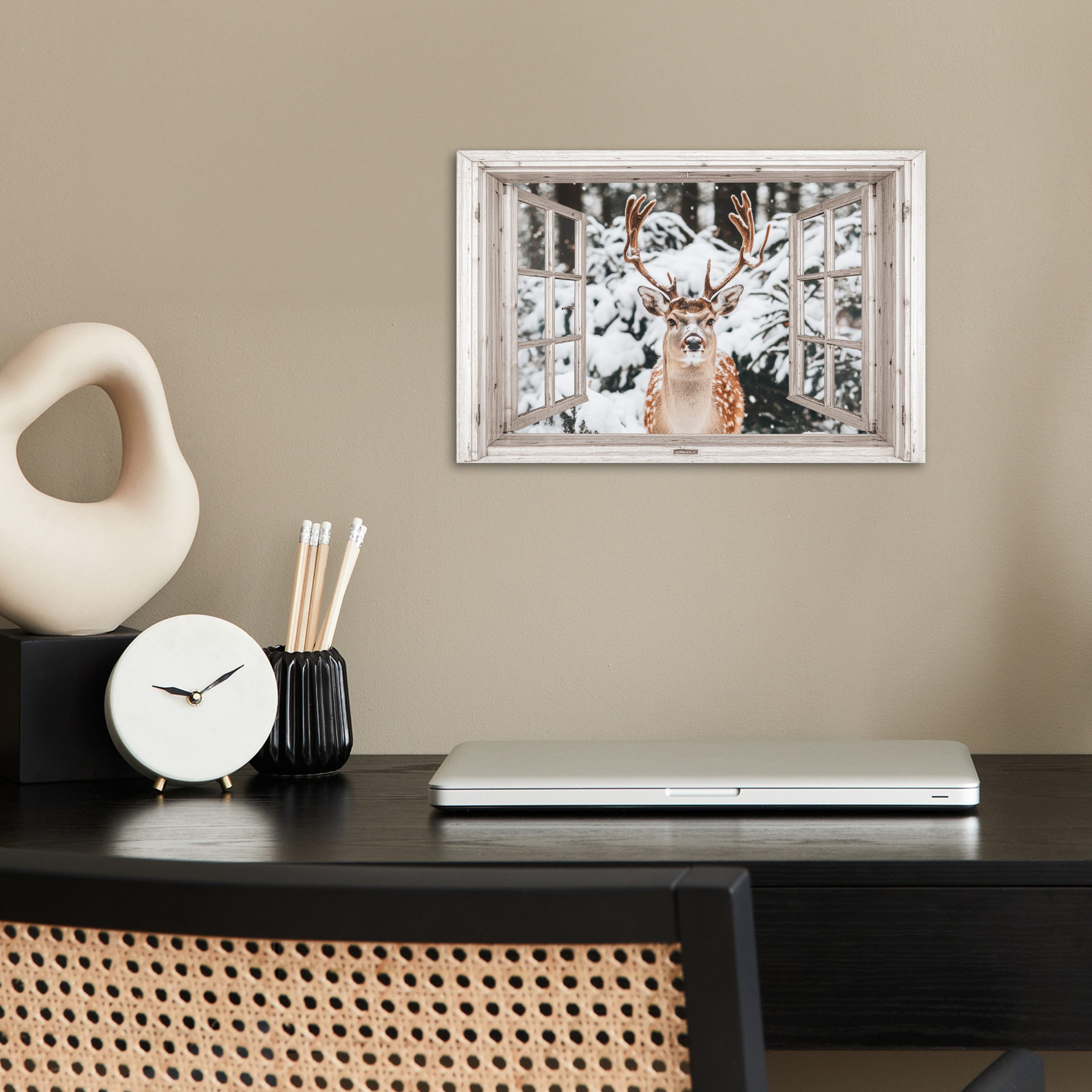 MuchoWow Poster Durchgucken - Hirsch - Schnee - Winter - Wald - Tiere - Natur, (1 St), Poster ohne Rahmen, Wandbild, Wandposter, 30x20 cm