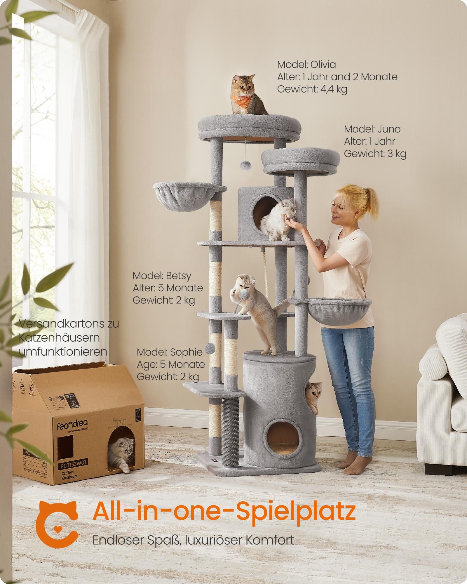 FEANDREA Kratzbaum mehrstöckiger Katzenbaum, XXL, 196 cm, mit 2 Plattformen, 3 Höhlen, 2 Mulden, 5 Kratzstämmen, Tunnel