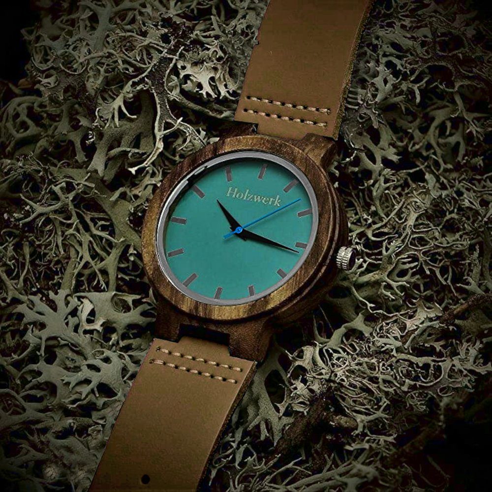 Holzwerk Quarzuhr NAILA & braun, Damen Uhr, & Armband Holz blau Leder türkis Herren