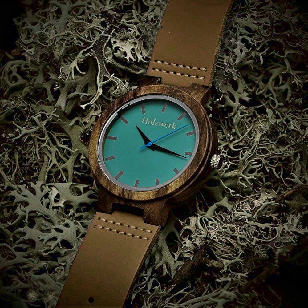 Holzwerk Quarzuhr NAILA Damen & Herren Leder & Holz Armband Uhr, braun, türkis blau