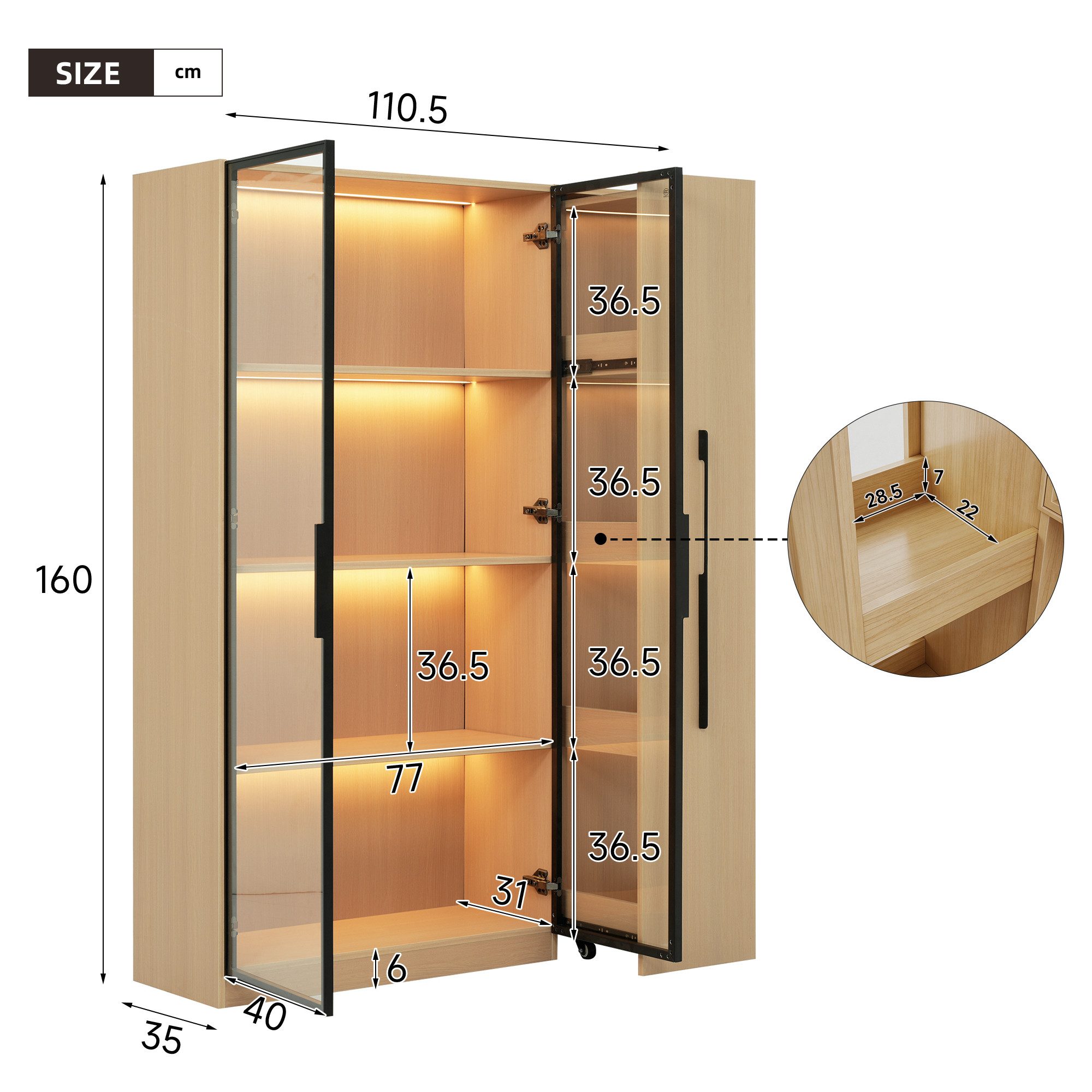 Odikalo Eckvitrine vitrinenschrank Glasvitrine mit Stauraum (Multifunktionsschrank 110,5×35×160cm-Vitrine mit Glastür und LED, Seitenauszug, Rollschrank - Hochschrank im modernen Stil, Vitrine,Esszimmerschrank,Bücherregal, Badezimmerschrä)