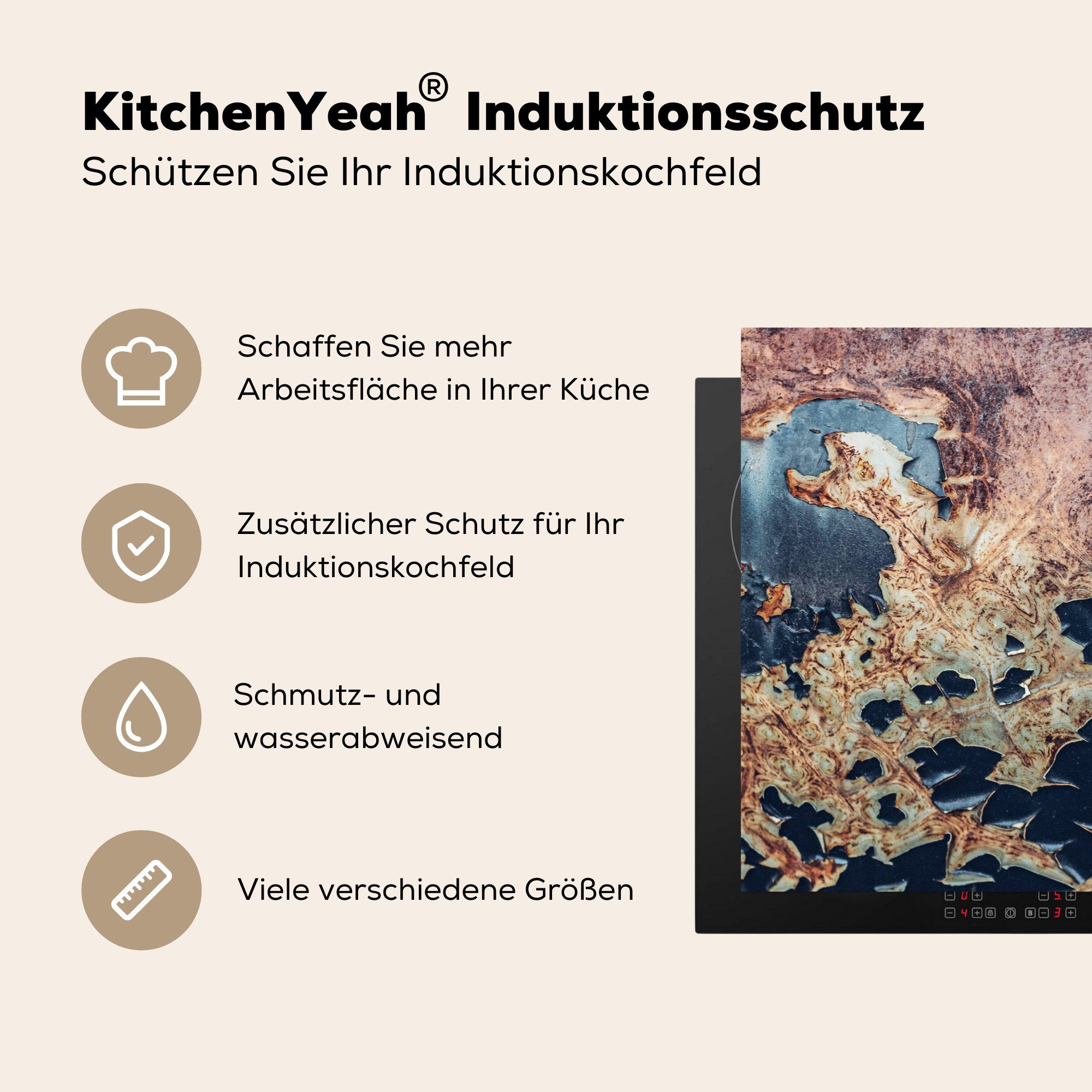 MuchoWow Herdblende-/Abdeckplatte Rost - Blau Arbeitsplatte für (1 78x78 tlg), Gelb, cm, Vinyl, - küche Ceranfeldabdeckung