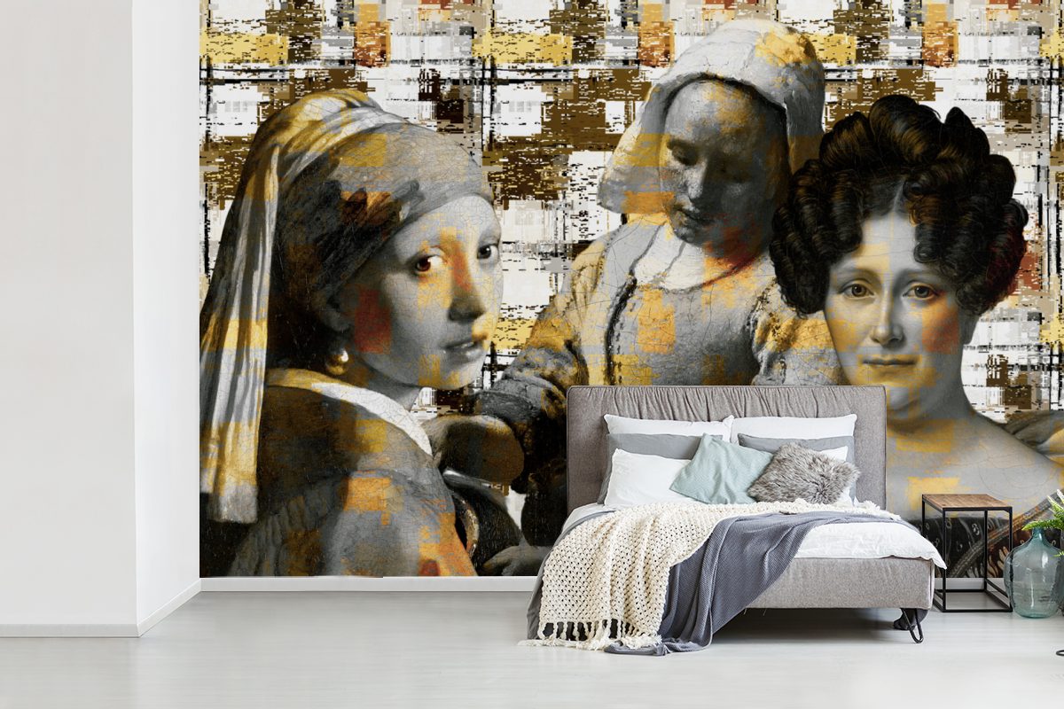 MuchoWow Fototapete Collage Matt, - bedruckt, Vinyl - für Wohnzimmer, Mondrian Wallpaper Gold, Kinderzimmer, Schlafzimmer, Tapete St), (6