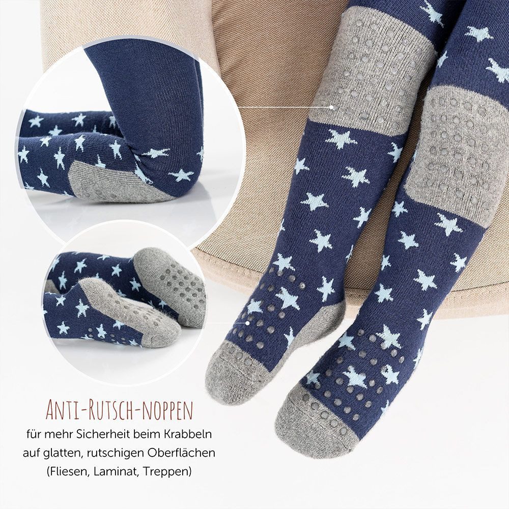 LaLoona Strumpfhose Sterne Marine & Streifen Grau 2x Baby Krabbelstrumpfhose mit ABS Sohle elastische Kinder Strumpfhose