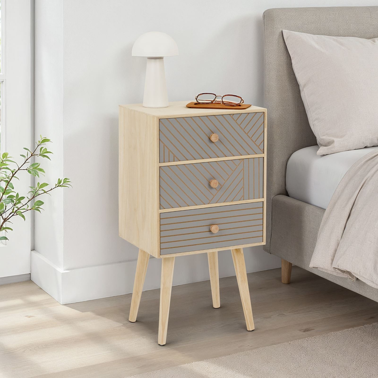 IDIMEX Nachtkommode PELO, Nachtkommode mit 3 Schubladen aus Paulowina Holz Natur/Grau