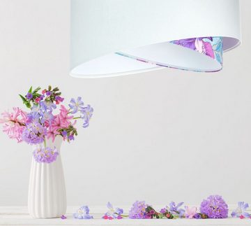 Licht-Erlebnisse Pendelleuchte KARIM, ohne Leuchtmittel, E27 Ø 50 cm Weiß Lila (Blumen Print) Stoff Metall Modern Wohnzimmer