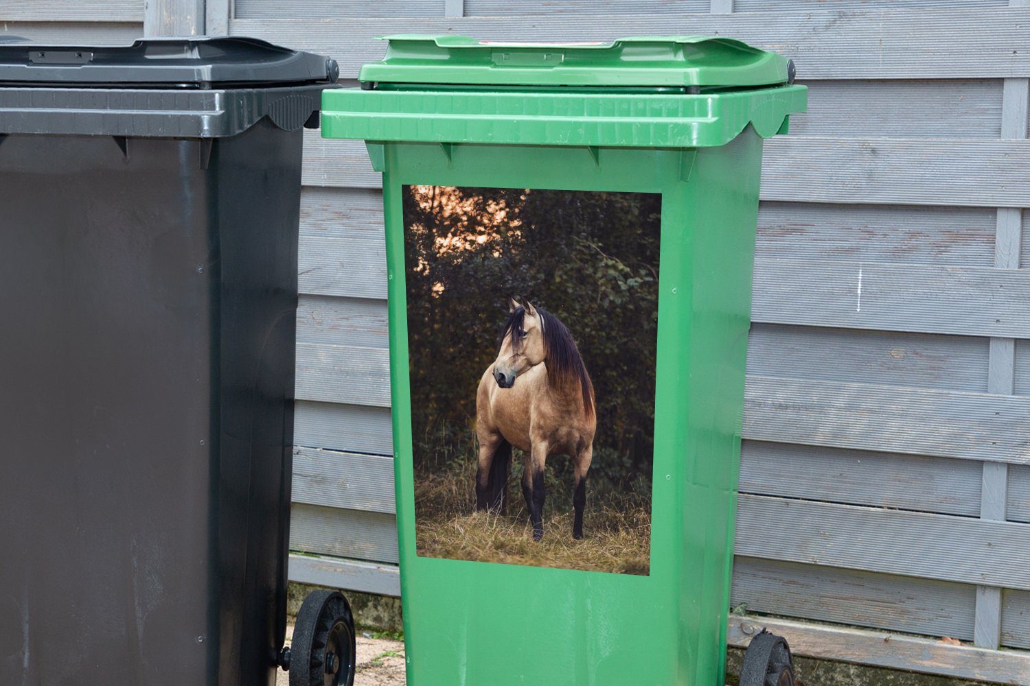 Container, Mülltonne, Pferd Mülleimer-aufkleber, MuchoWow - Wandsticker Sticker, (1 Braun St), Gras - Abfalbehälter