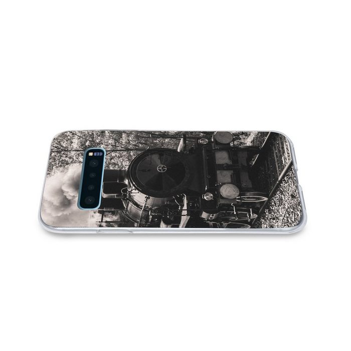 MuchoWow Handyhülle Ein authentischer Dampfzug in Schwarz-Weiß Phone Case Handyhülle Samsung Galaxy S10+ Silikon Schutzhülle FN11478