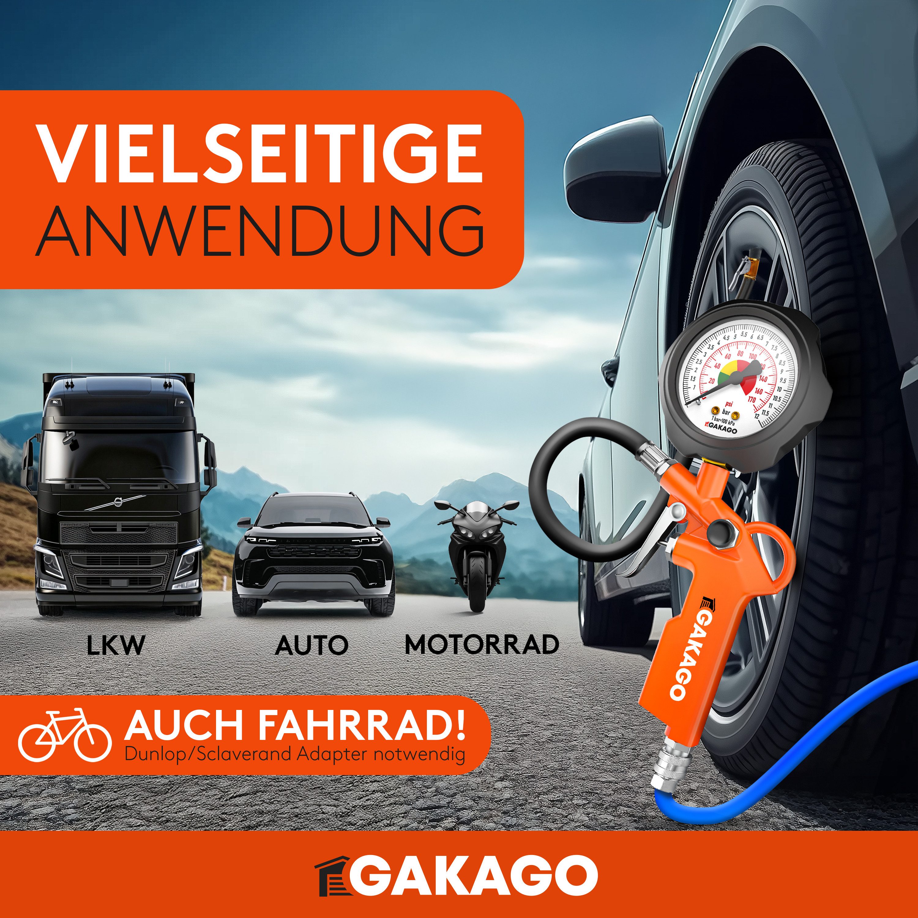 Gakago Tire Inflator - Precise tire pressure inflator with high-quality, max. 12 bar, compressed air pressure gauge, - Extra long 45cm tire inflation hose, - Versatile tire pressure tester for cars, trucks, bicycles and more.