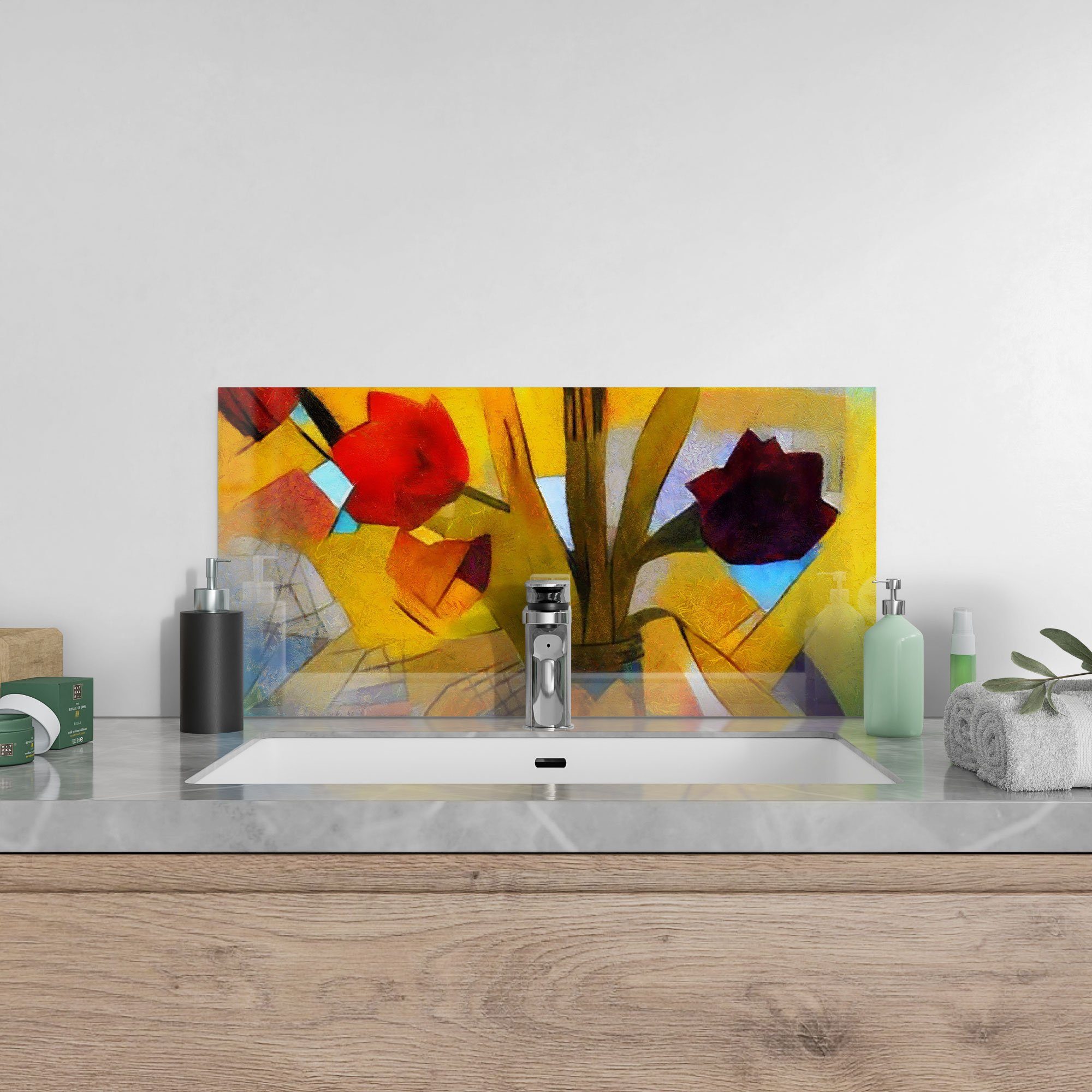 DEQORI Küchenrückwand 'Abstrakter Badrückwand Blumenstrauß', Herdblende Glas Spritzschutz