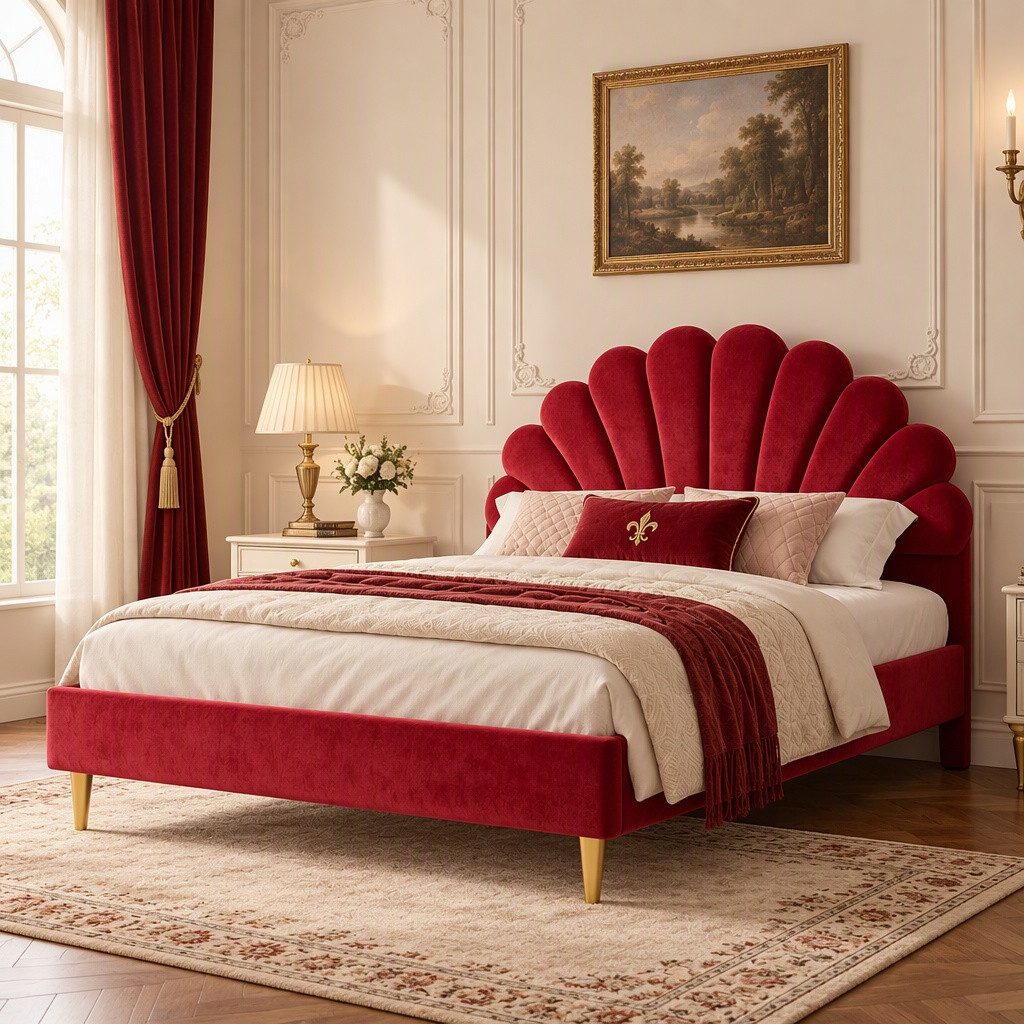 PXloue Polsterbett Doppelbett Jugendbett 140x200cm, mit Muschel-Kopfteil,Einzigartiges Design für Stil und Komfort