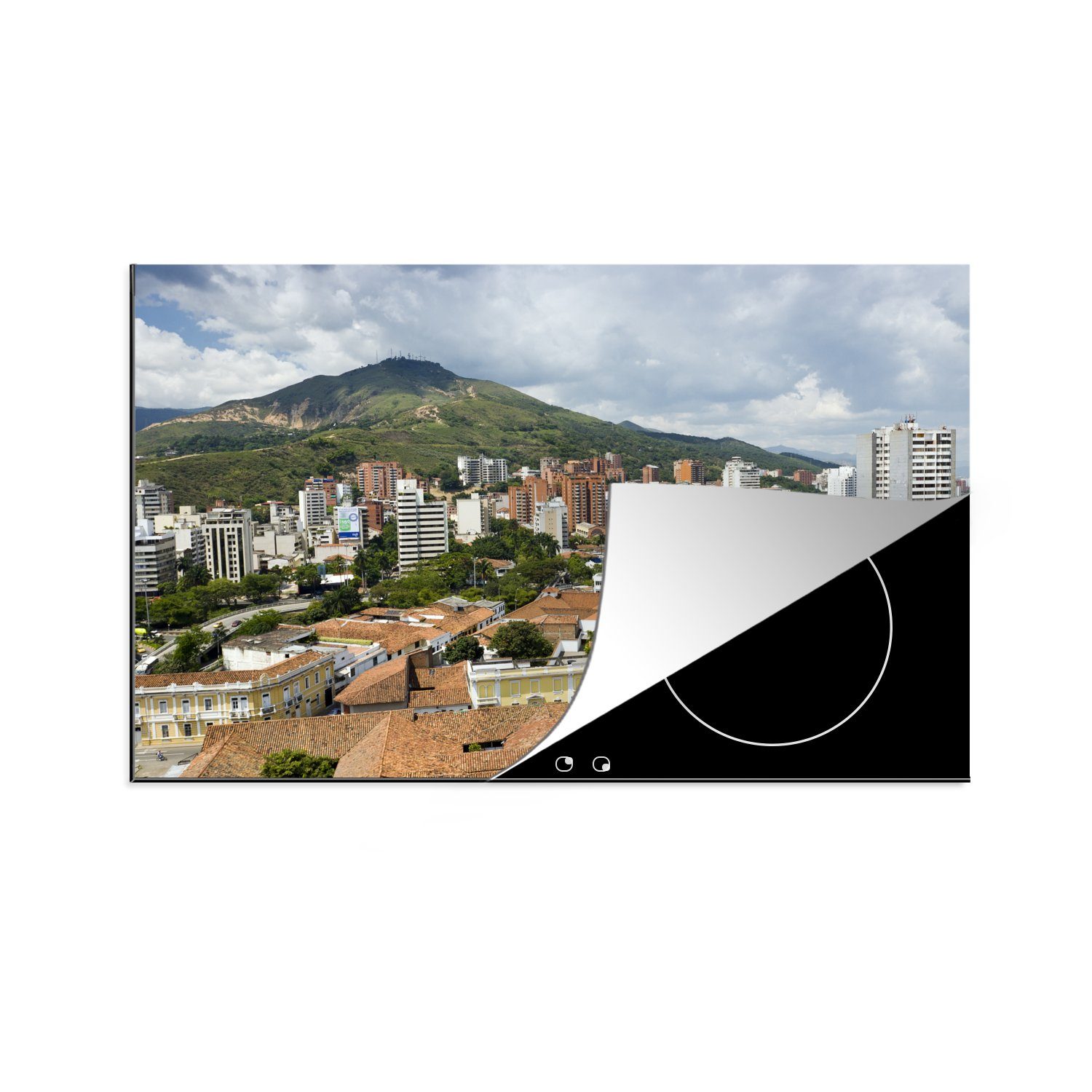 MuchoWow Herdblende-/Abdeckplatte Stadt vor einem Berg in Kolumbien, Vinyl, (1 tlg), 81x52 cm, Induktionskochfeld Schutz für die küche, Ceranfeldabdeckung