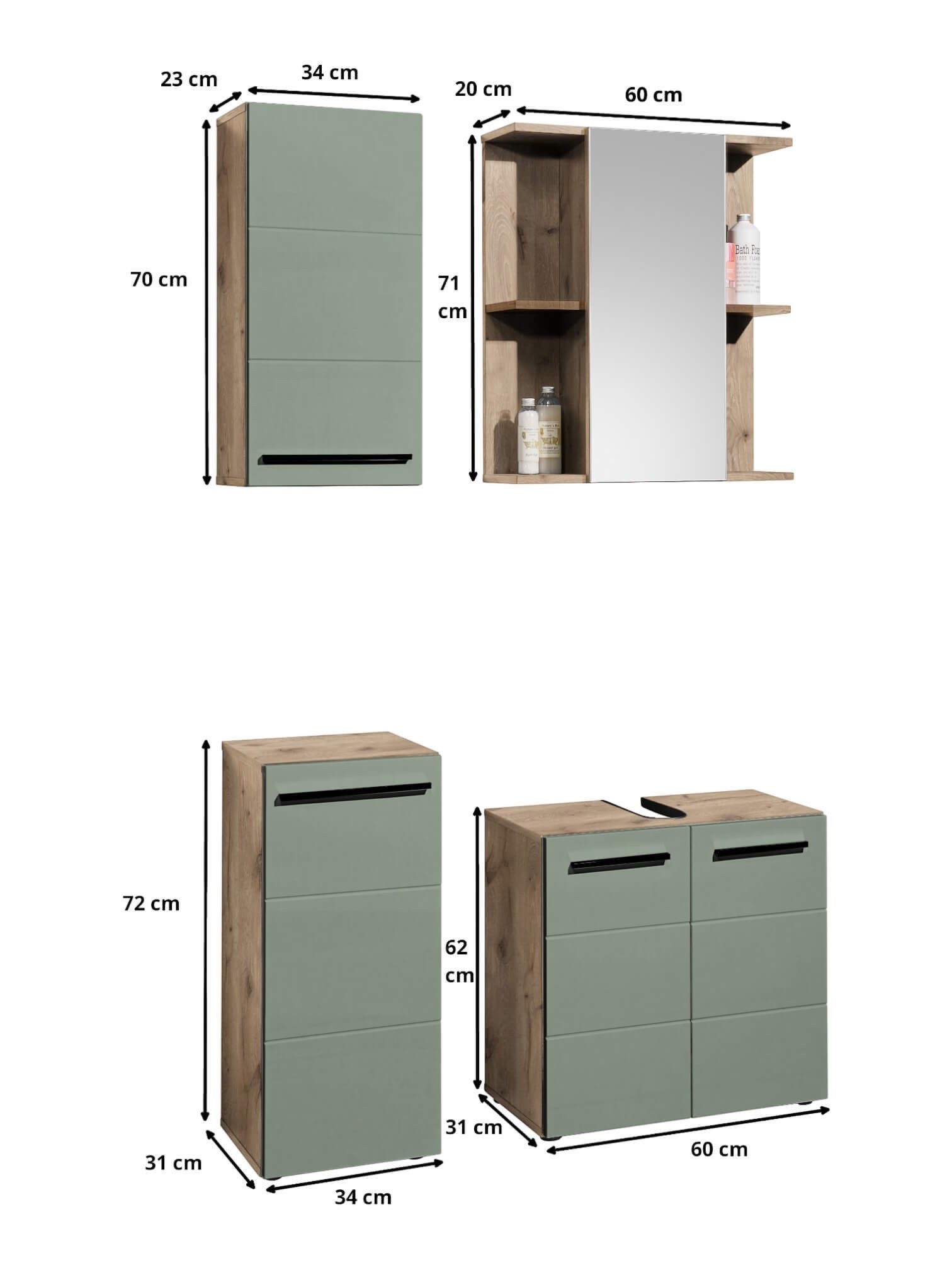 moebel-dich-auf Badezimmer-Set VALENCIA, (Waschbeckenunterschrank, Spiegelschrank, Hängeschrank, Kommode, MDF-Fronten tiefgezogen, Korpus melaminbeschichtet)