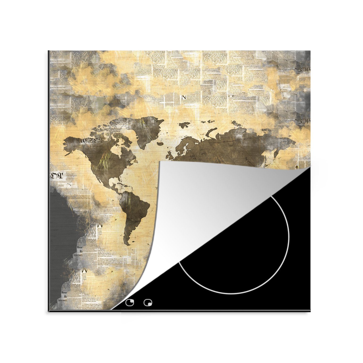 MuchoWow Herdblende-/Abdeckplatte Weltkarte - Zusammenfassung - Zeitungen, Vinyl, (1 tlg), 78x78 cm, Ceranfeldabdeckung, Arbeitsplatte für küche