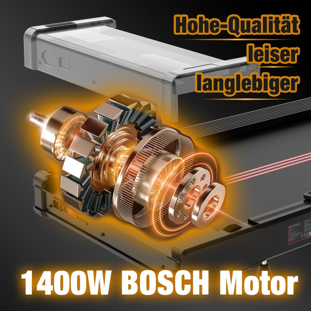 CITYSPORTS Laufband für Zuhause mit Steigung, mit 1400W Bosch Motor,2PS (mit Toolkit und Schmieröl), 1-12 km/h,mit 3 einstellbaren Steigungsstufen, mit App und Bluetooth