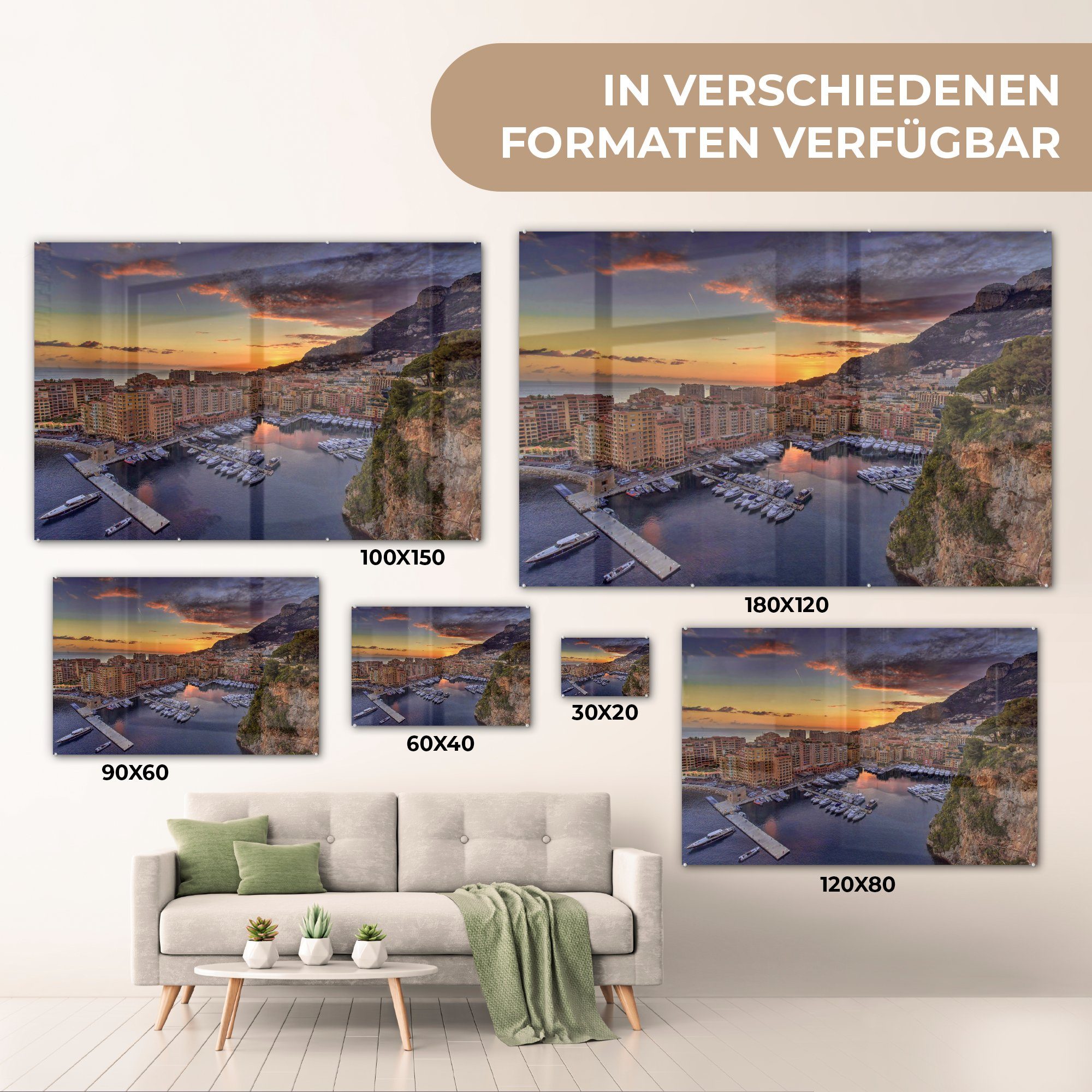 MuchoWow Acrylglasbild Schlafzimmer Sonnenuntergang, Acrylglasbilder Der (1 Monaco Wohnzimmer Hafen bei & von St),