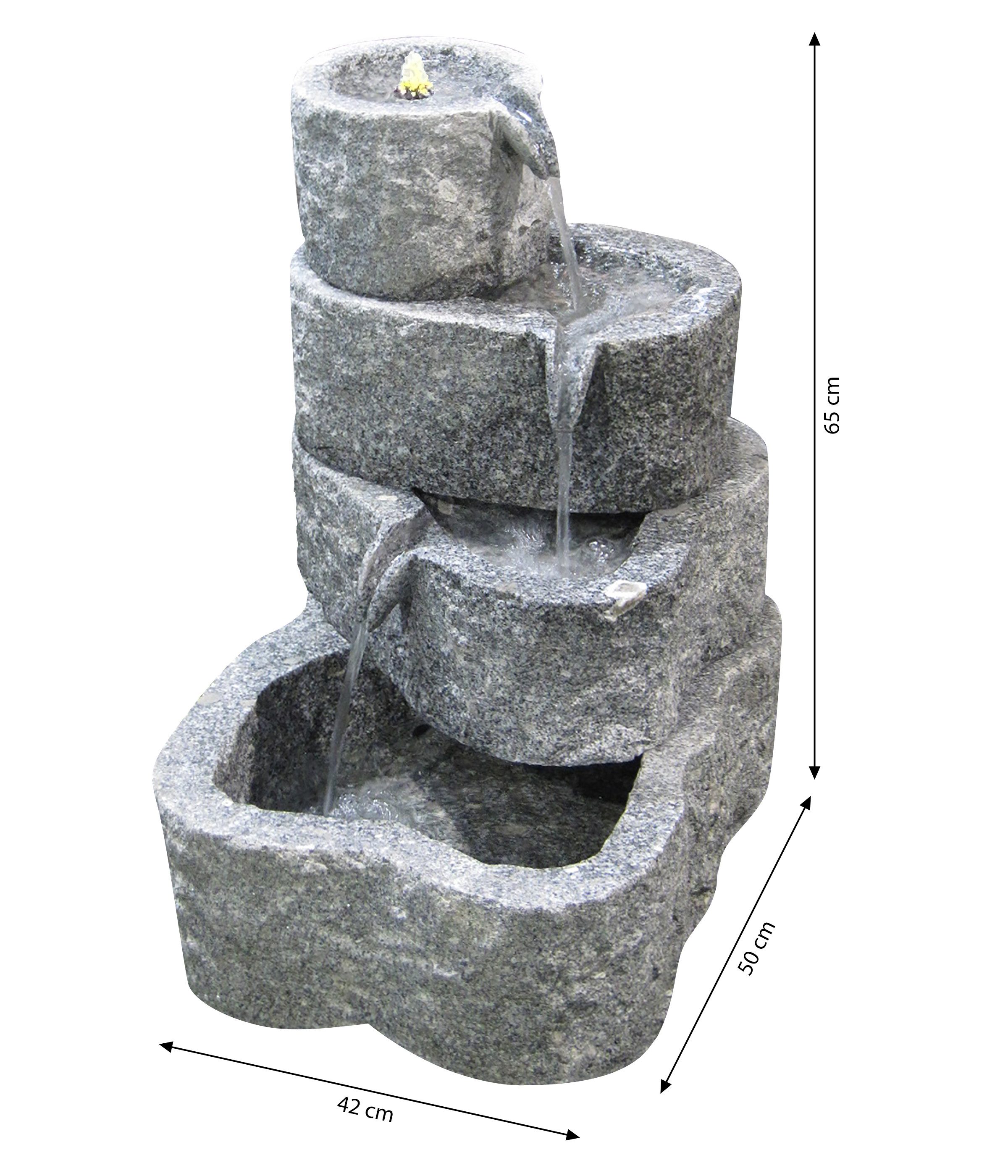 Dehner Gartenbrunnen Wasserfall mit LED-Beleuchtung warmweiß, 65 x 50 x 50 cm, Granit, grau, witterungsbeständiger Kaskadenbrunnen inkl. Pumpe und Trafo