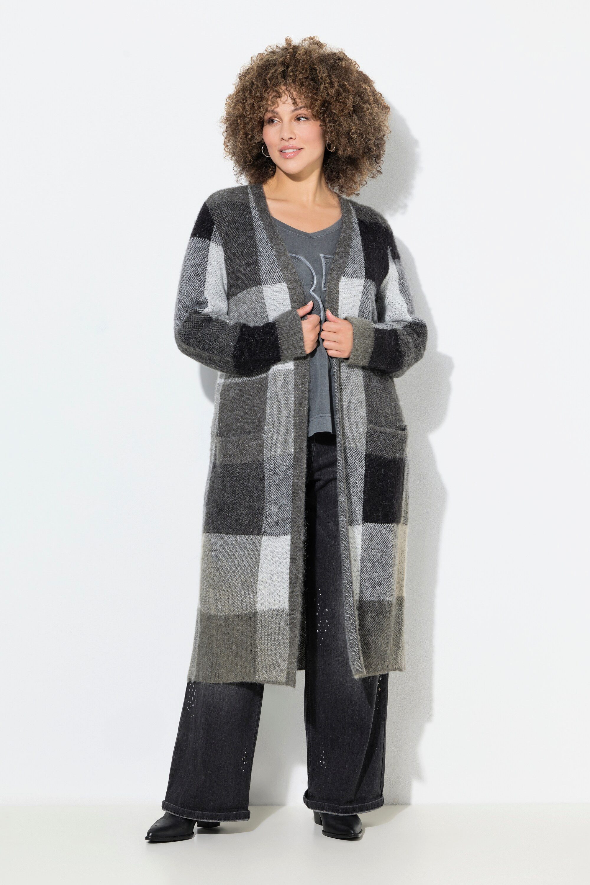 Ulla Popken Strickjacke Long-Strickjacke Karo offenes günstig online kaufen