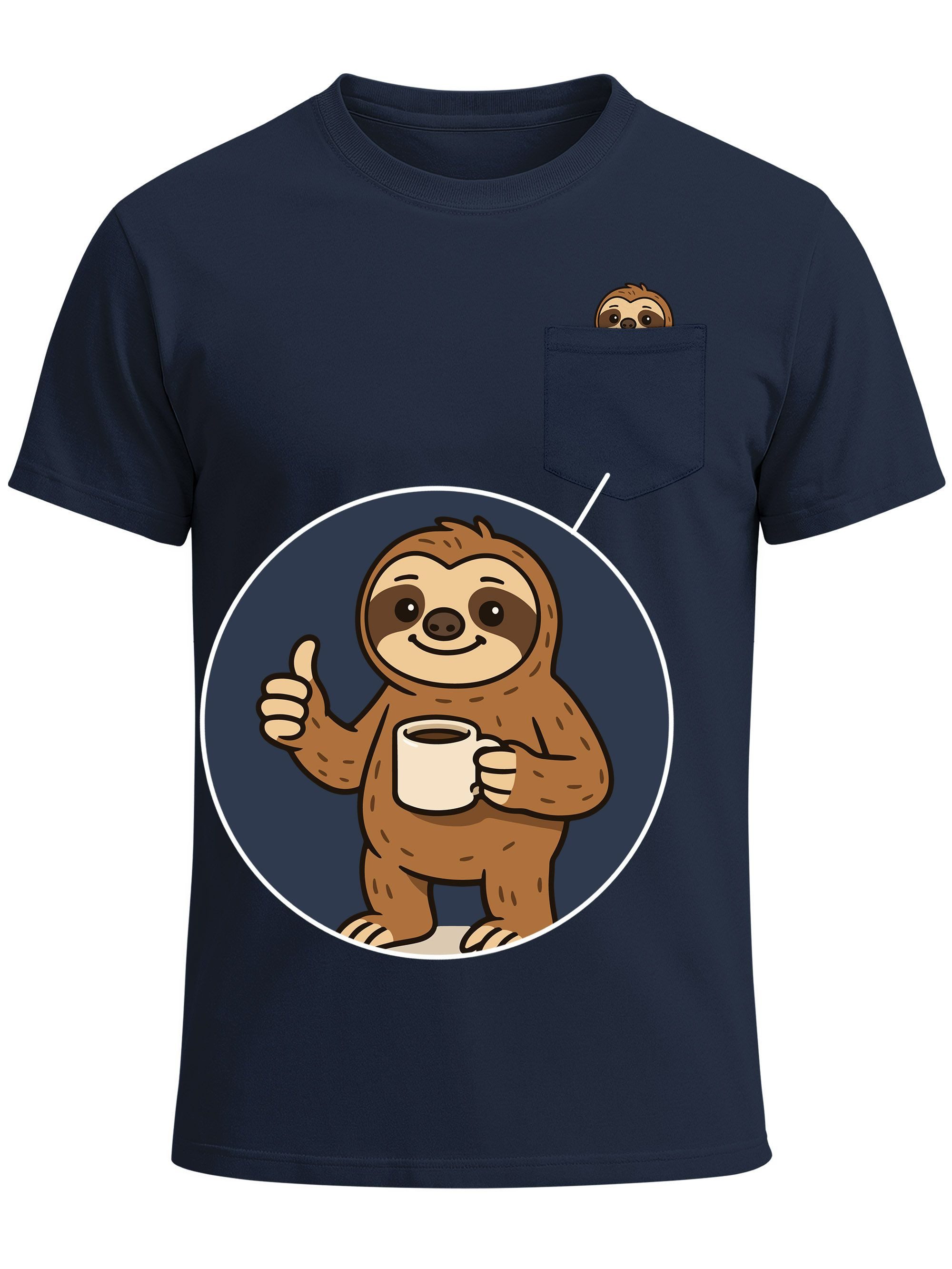 Print-Shirt Herren T-Shirt mit Brusttasche Fun-Shirt Brustprint Faultier Kaffee