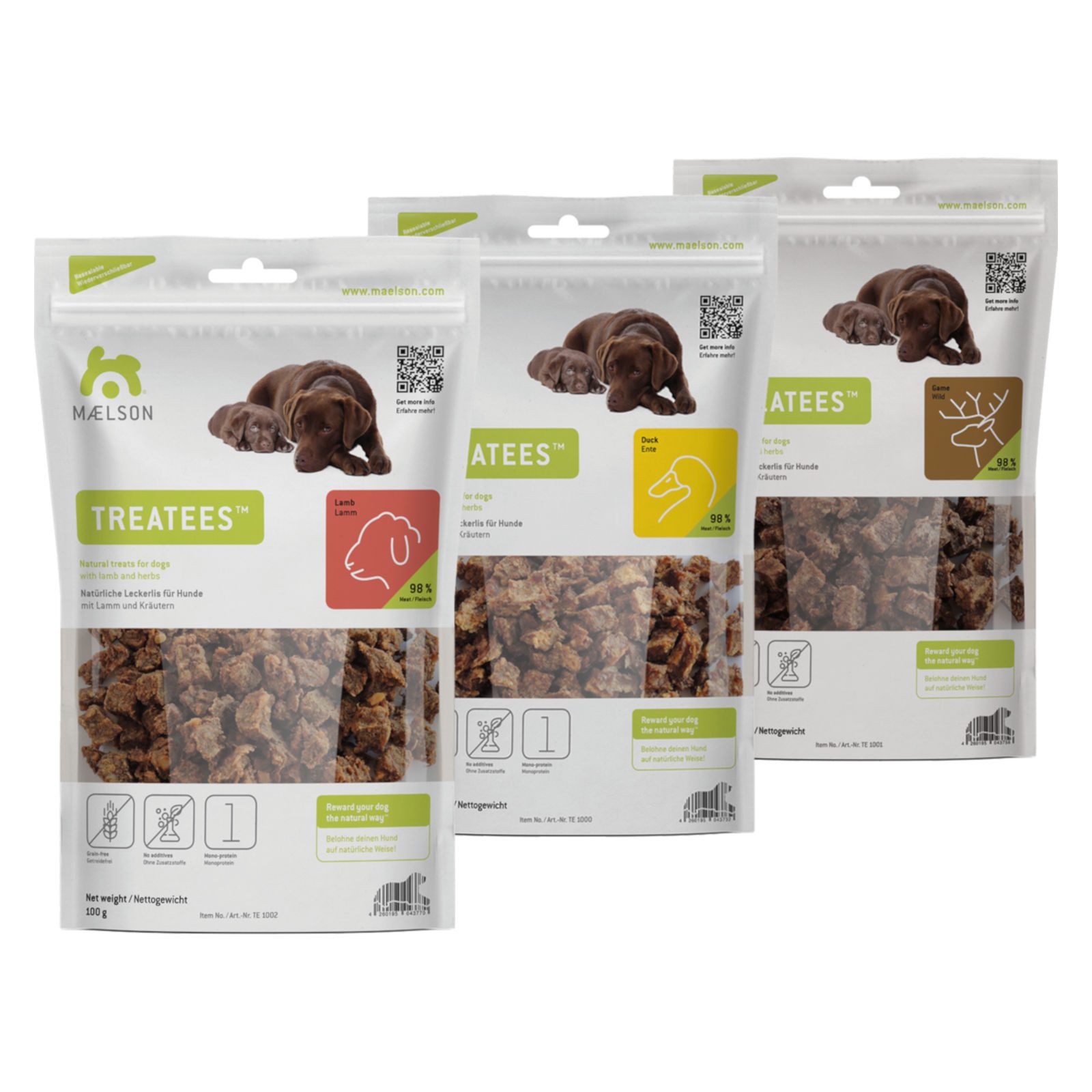 MAELSON Treatees Lamm, Ente & Wild, 3x 100 g Hundeleckerlis, Snack für: Hunde