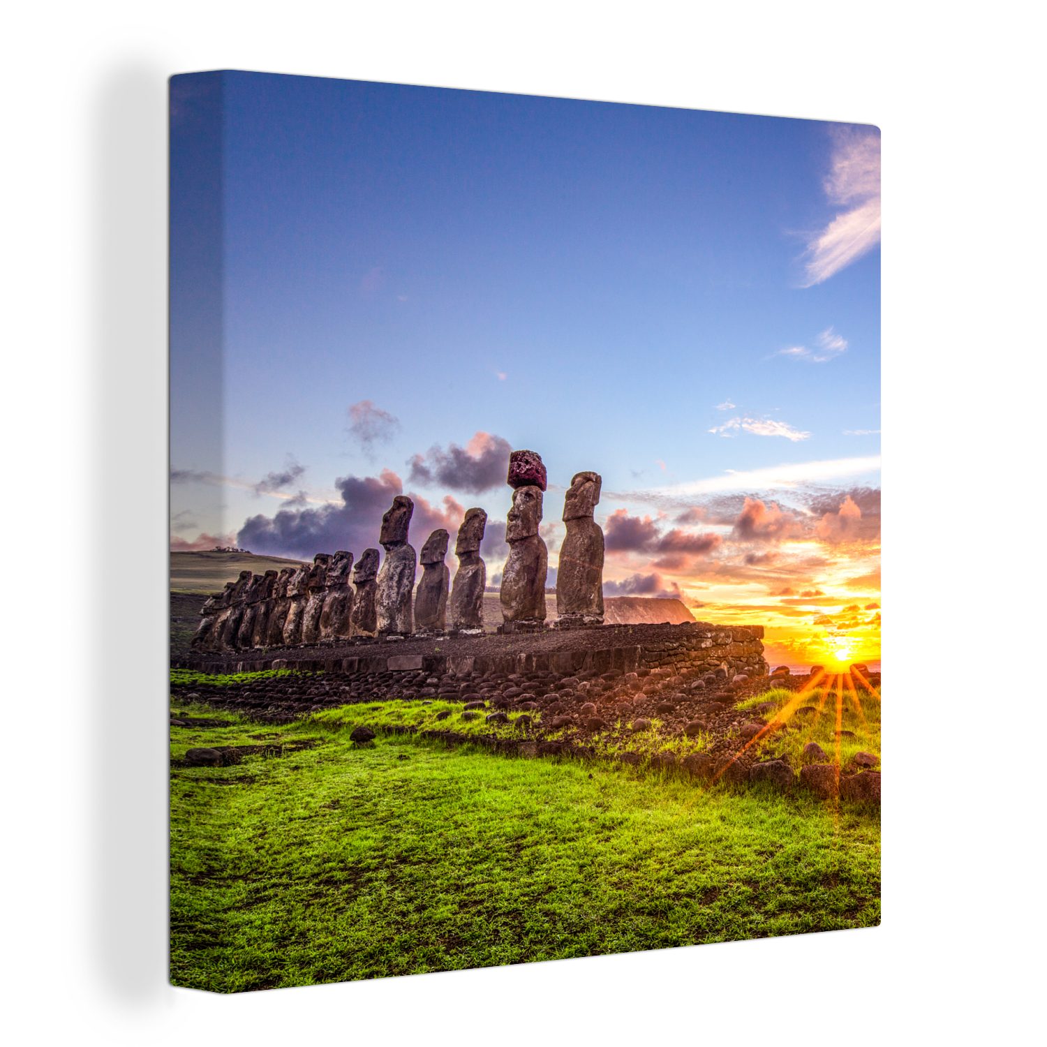 Moai-Statuen Leinwandbild der Bilder OneMillionCanvasses® St), hinter Sonnenaufgang auf Schlafzimmer für Wohnzimmer Osterinsel, (1 Leinwand den
