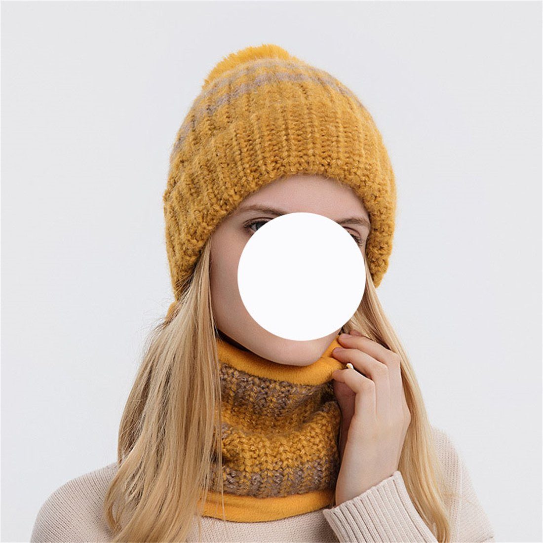 DÖRÖY Strickmütze Damen Fashion Warm Knitted Hat 2 Pcs Set, Winter Woolen Hut + Schal Gelb
