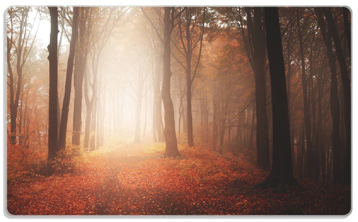 Wallario Frühstücksbrett Herbstwald - Weg zu einer Lichtung im Wald, ESG-Sicherheitsglas, (inkl. rutschfester Gummifüße 4mm, 1-St), 14x23cm