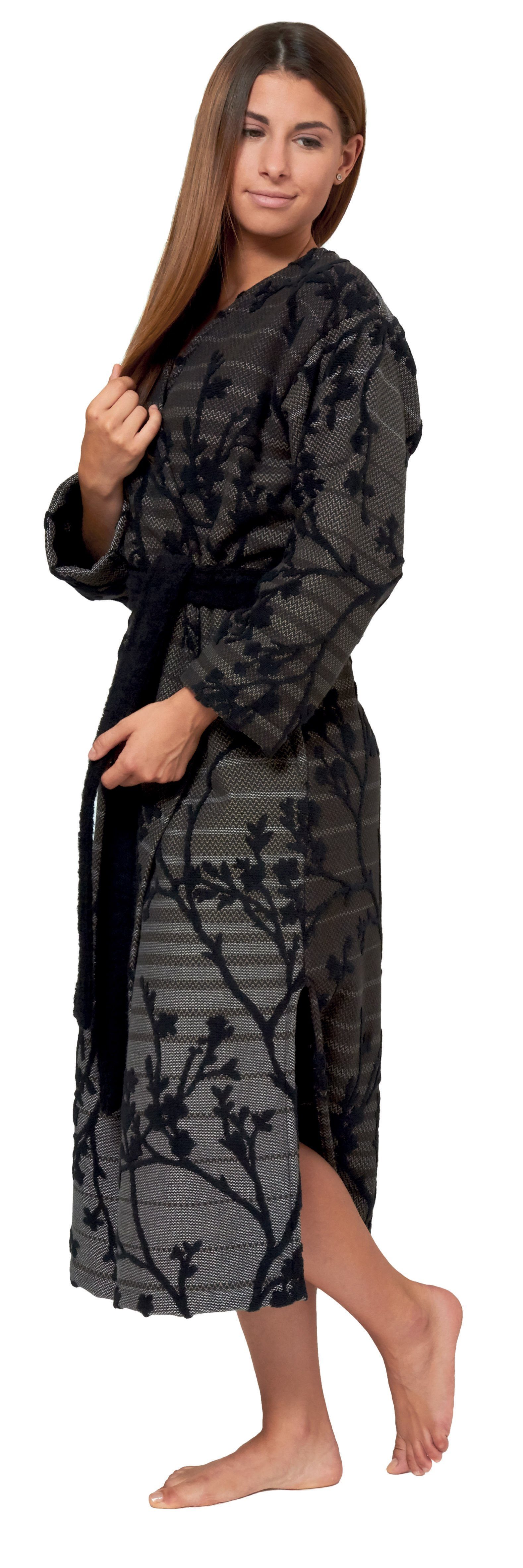 Lasa Home Damenbademantel, Kimono-Kragen, schwarz braun Gürtel, / Design Modisches Baumwolle