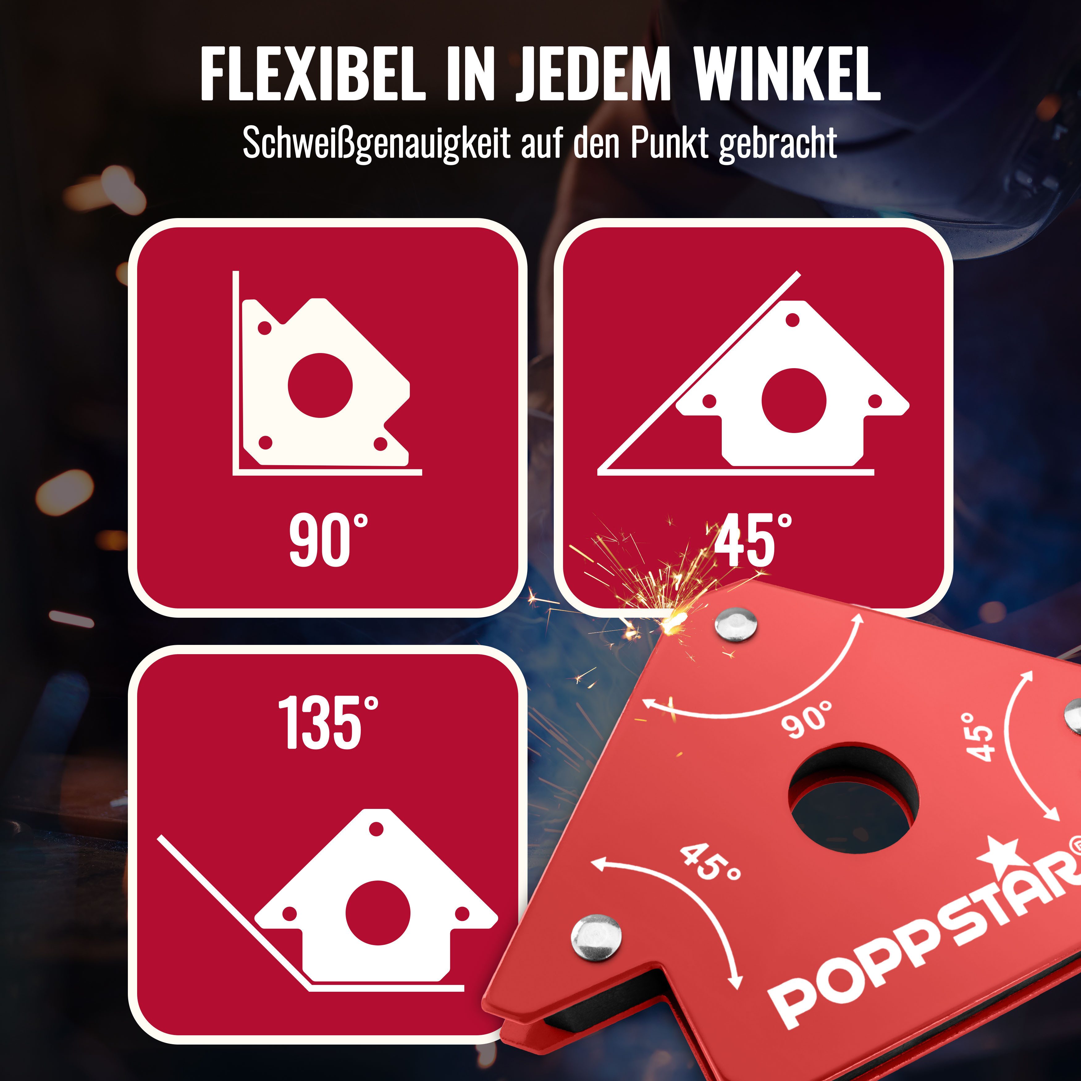 Poppstar Magnethalter Magnet-Schweißwinkel mit Winkelmaßen 45°, 90°, 135° (2-St), Schweißmagnet klein 2er-Set mit Haftkraft 11,3 kg