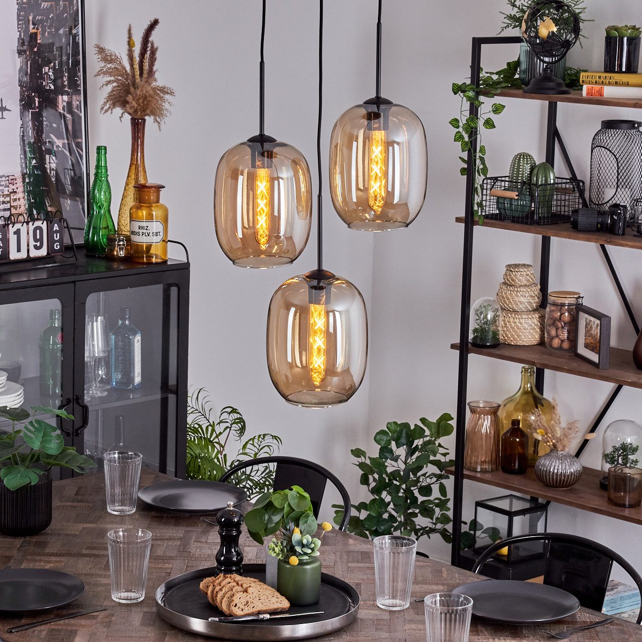 hofstein Hängeleuchte Hängelampe aus Metall/Glas in Schwarz/Bernsteinfarben günstig online kaufen