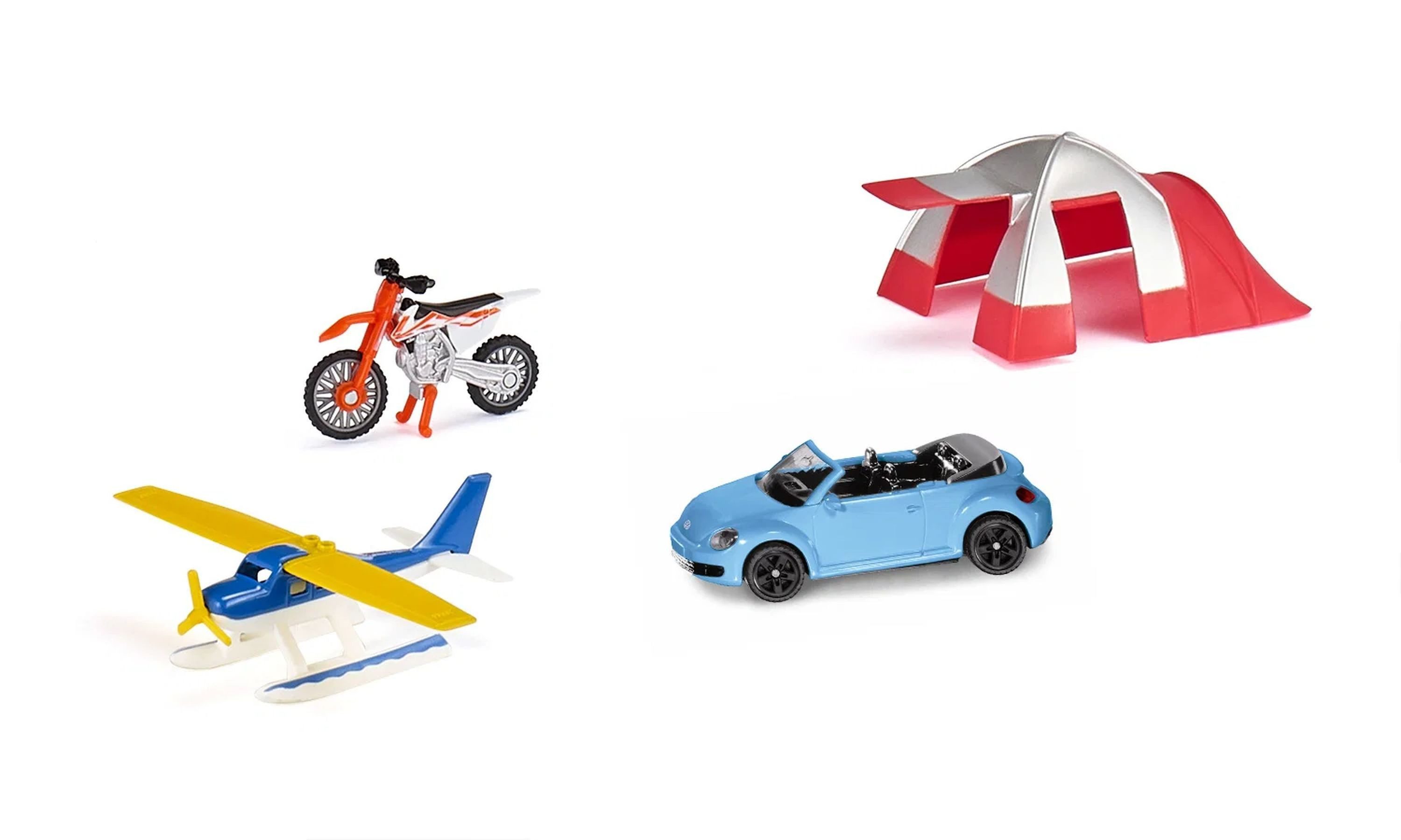 Siku Spielzeug-Auto Freizeit-Set mit Flugzeug, Motorrad und Cabrio, Wasserflugzeug mit klappbaren Flügeln, KTM Motorrad, Cabrio