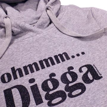 goldmarie Kapuzensweatshirt OHMMM DIGGA grau meliert mit Print schwarz-glitzer mit Frontprint