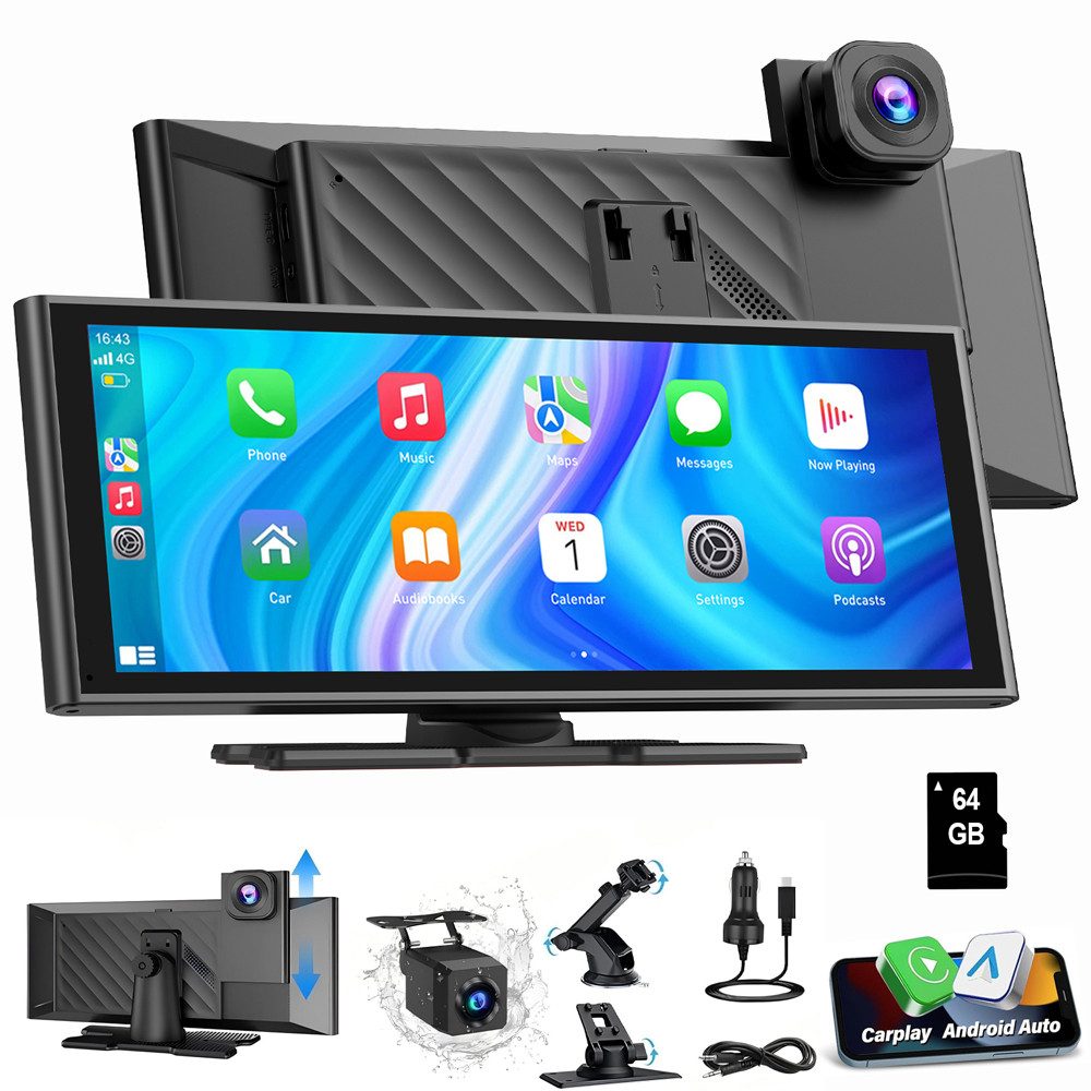 ESSGOO 10,26 Zoll 4K+1080P Apple Carplay Android Auto BT Dashcam Autoradio Dashcam (HD, Tragbar Autoradio Rückfahrkamera IPS Touchscreen GPS Navi FM AUX)