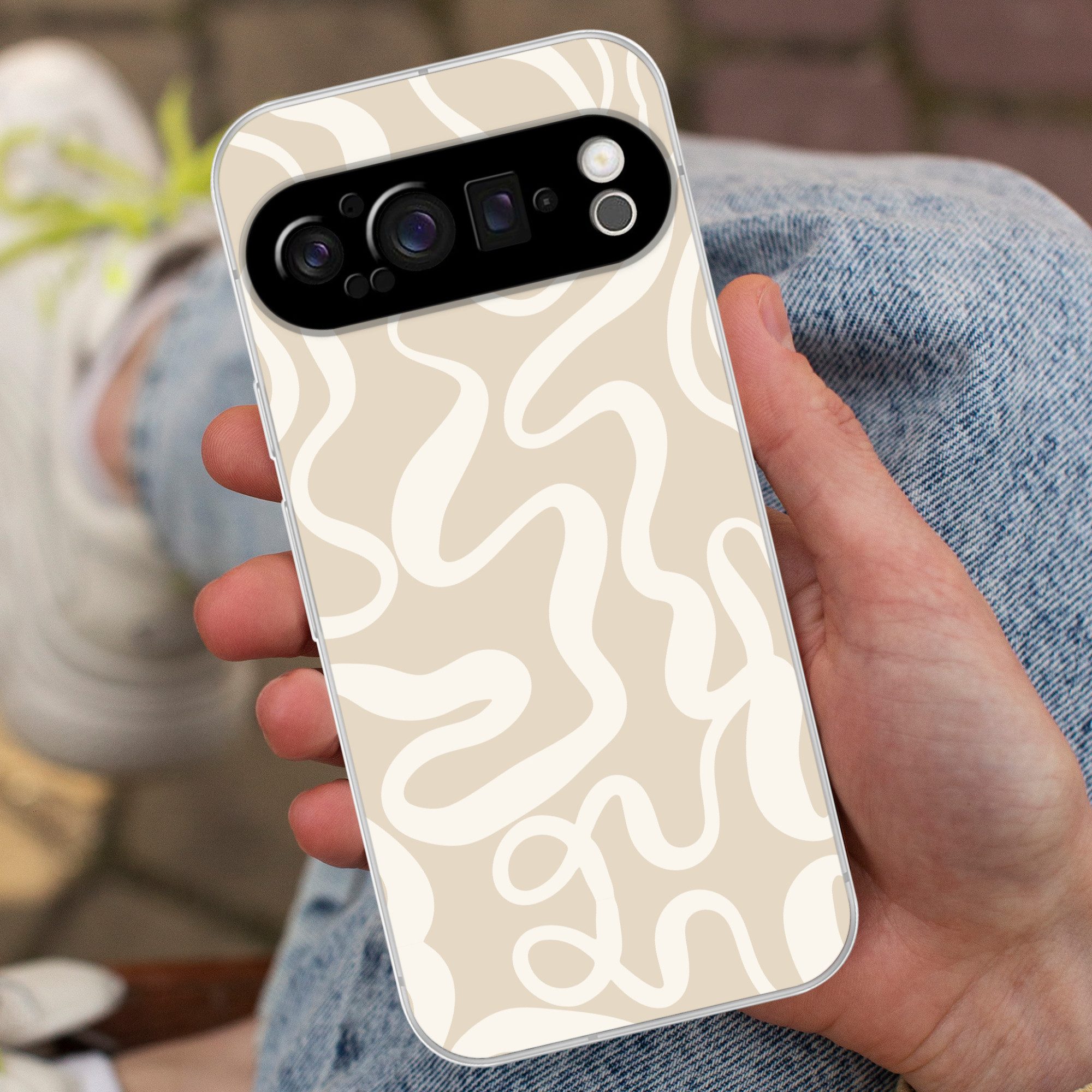 MuchoWow Handyhülle für Google Pixel 9 Pro Linien - Abstrakt - Beige - Weiß - Minimalistis, Phone Case, Silikon, Schutzhülle Dünn