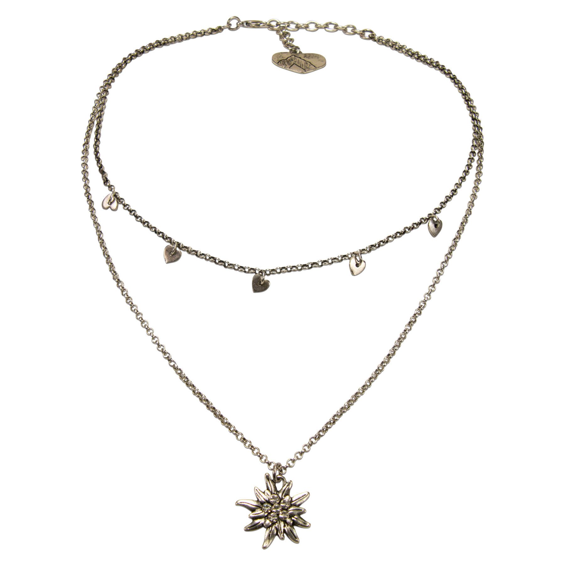 Alpenflüstern Collier Metall-Trachtenkette Strass-Edelweiß & Herzchen (antik-silber-farben), - Damen-Trachtenschmuck Dirndlkette