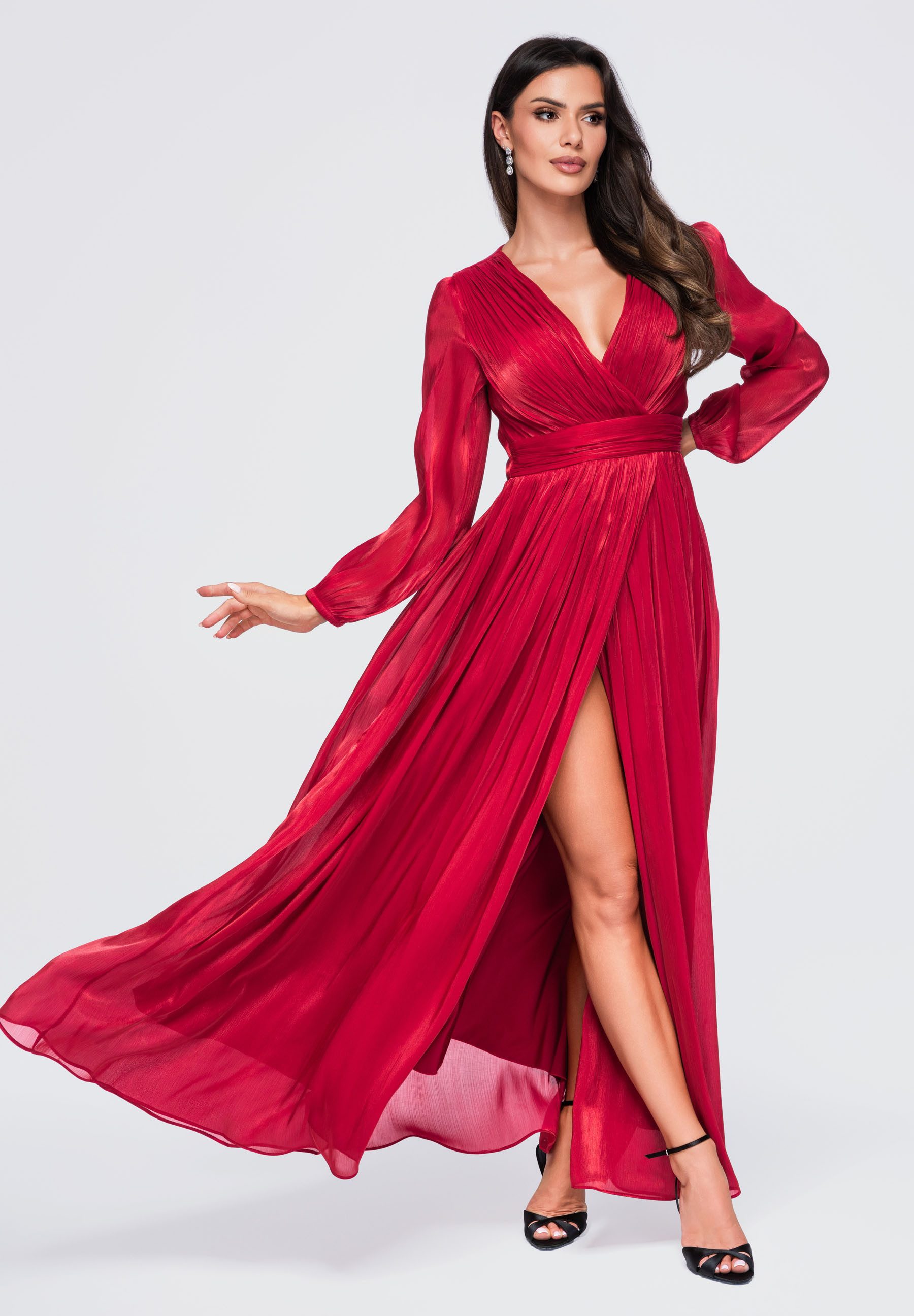 OMBRE Abendkleid Damen Abendkleid Maxi mit V-Ausschnitt Rot M (kein Set, 1-tlg) in Unifarbe