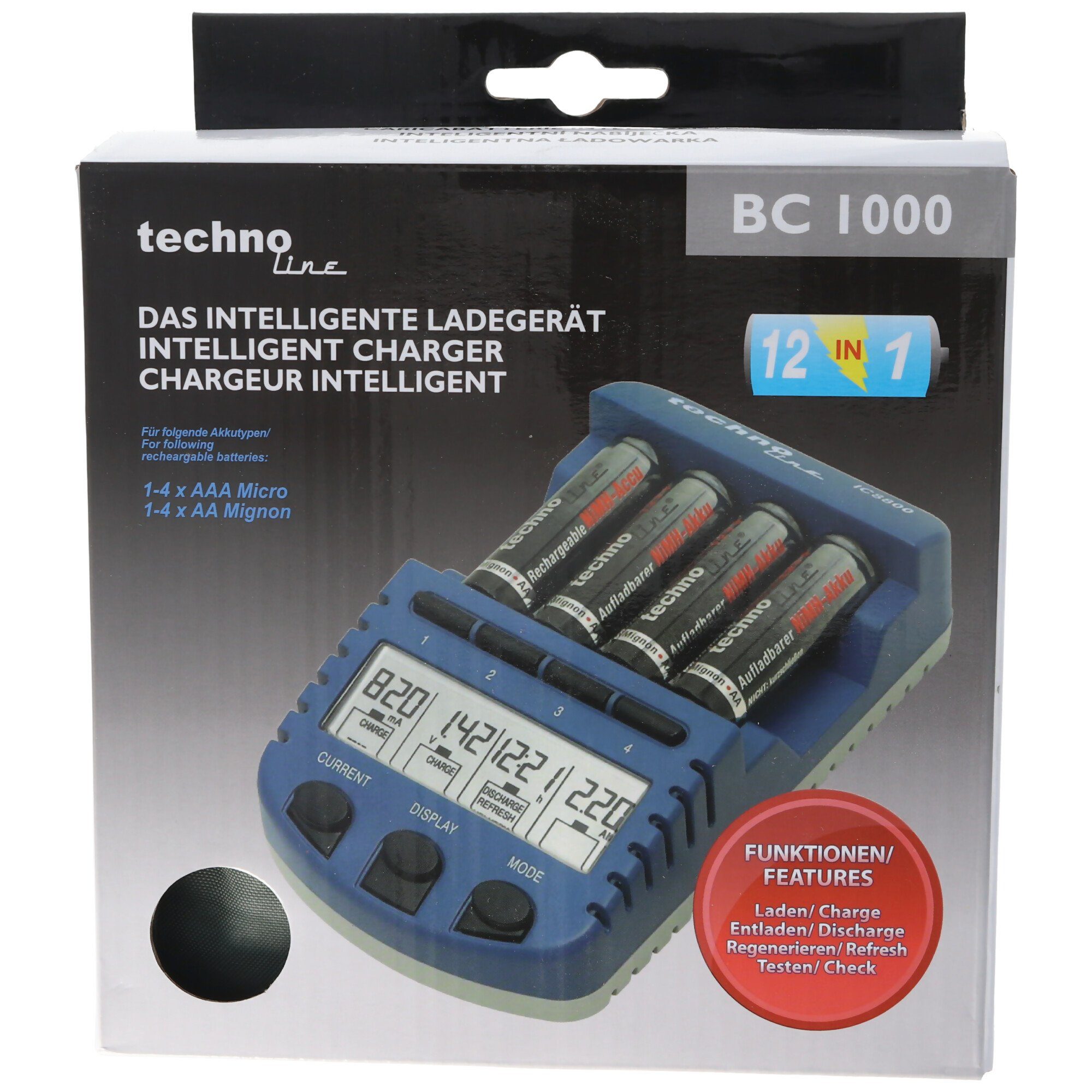 technoline BC1000 Schnell-Ladegerät mit LCD-Display, Entladefunktion, Akku Akku-Ladestation