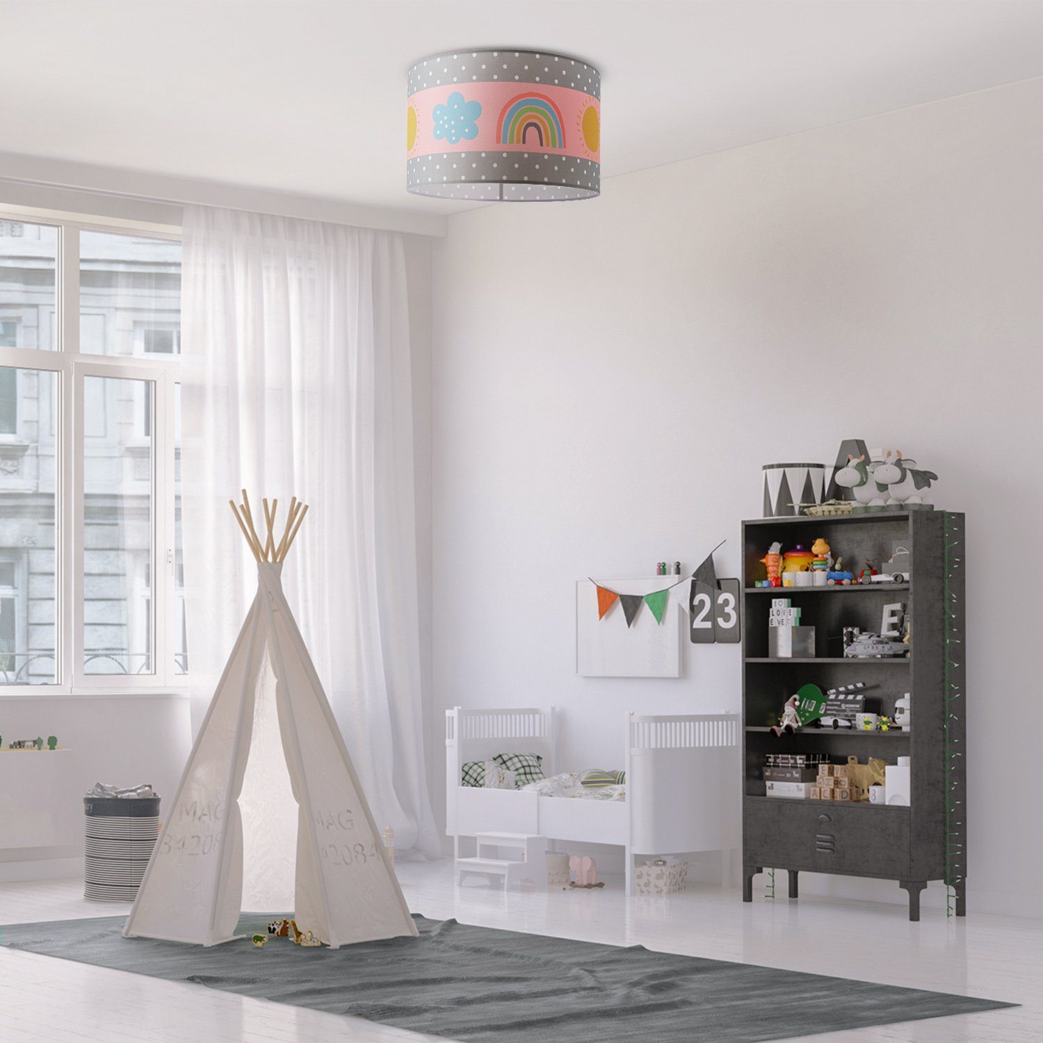 Paco Home Deckenleuchte Cosmo 962, ohne Leuchtmittel, Lampe Kinderzimmer Deckenlampe Regenbogen Sonne Rosa Grau Weiß E27