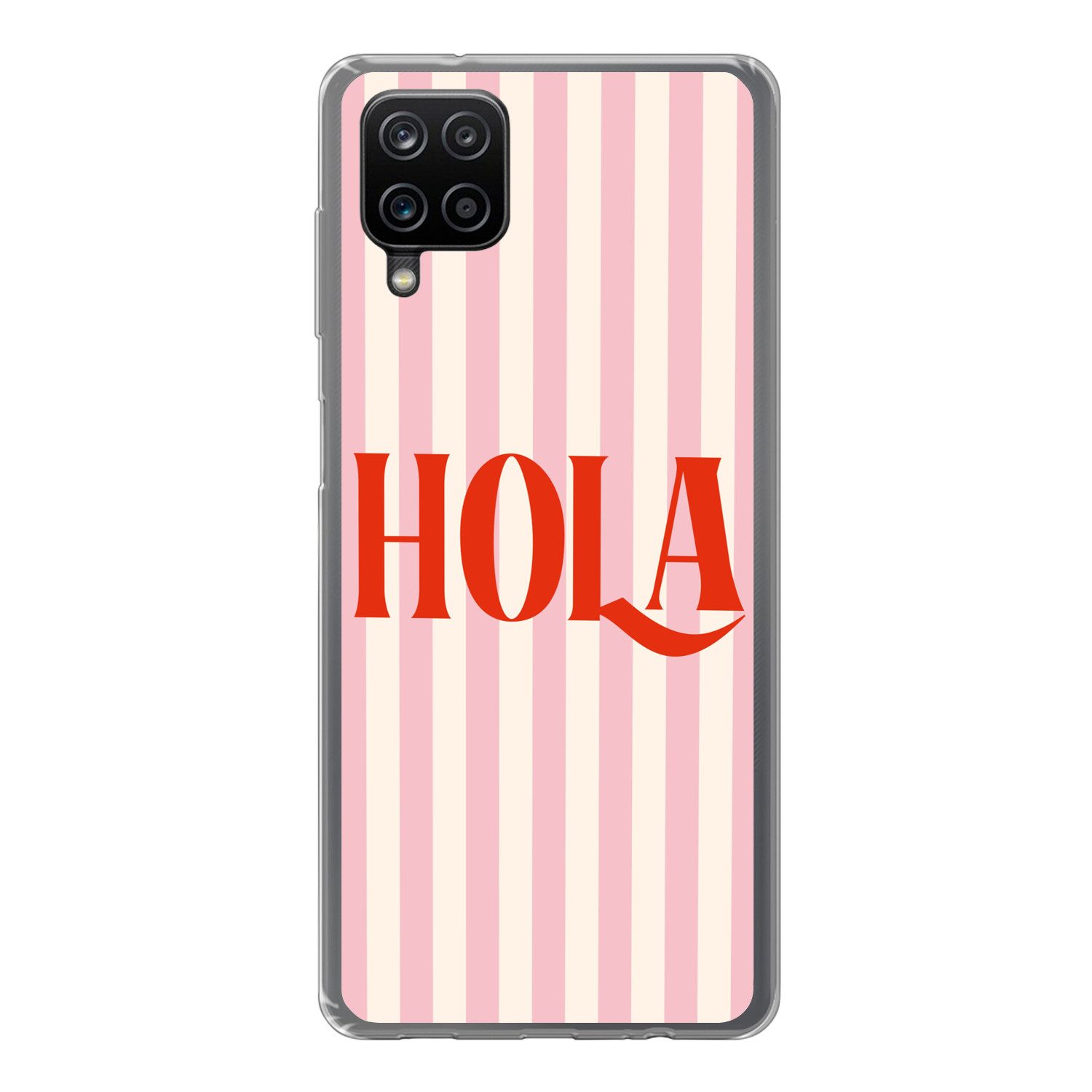 MuchoWow Handyhülle für Samsung Galaxy A12 Hola - Zitat - Streifen - Pastell - Rosa - Rot, Smartphone-Bumper, Print, Handy Schutzhülle Dünn