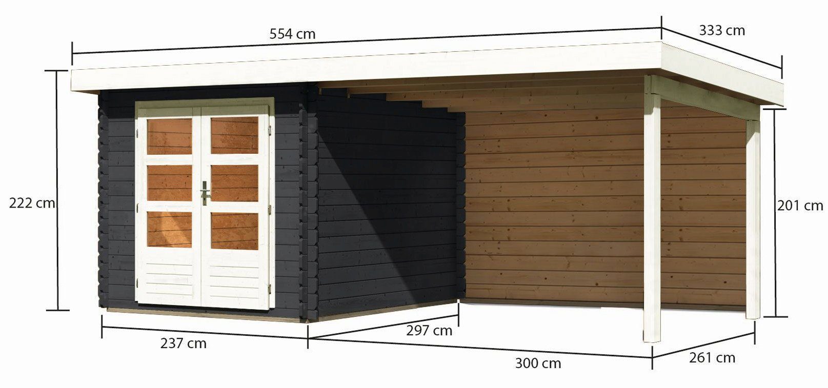 KONIFERA Gartenhaus Fußboden mit 4, Haus im 554x333 BxT: und Schloßsee Rückwand cm, Anbaudach, (Set)