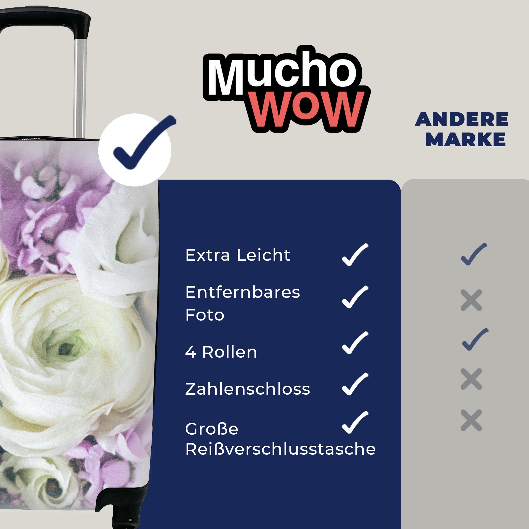 MuchoWow Trolley, 4 - Rollen, Blumen Reisekoffer Rosen - Handgepäck Ferien, rollen, für Reisetasche Handgepäckkoffer mit Natur,