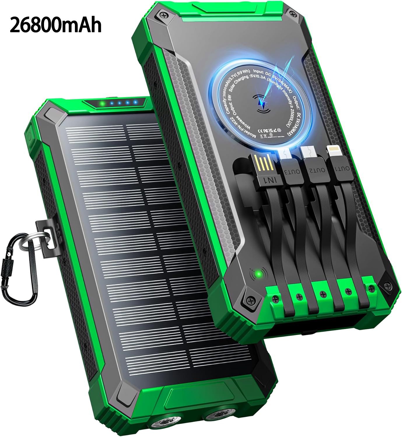 Solar-Powerbank,4 Kabel,USB-C/15 W Schnellladung/6 Ausgänge,3 Eingänge Powerbank