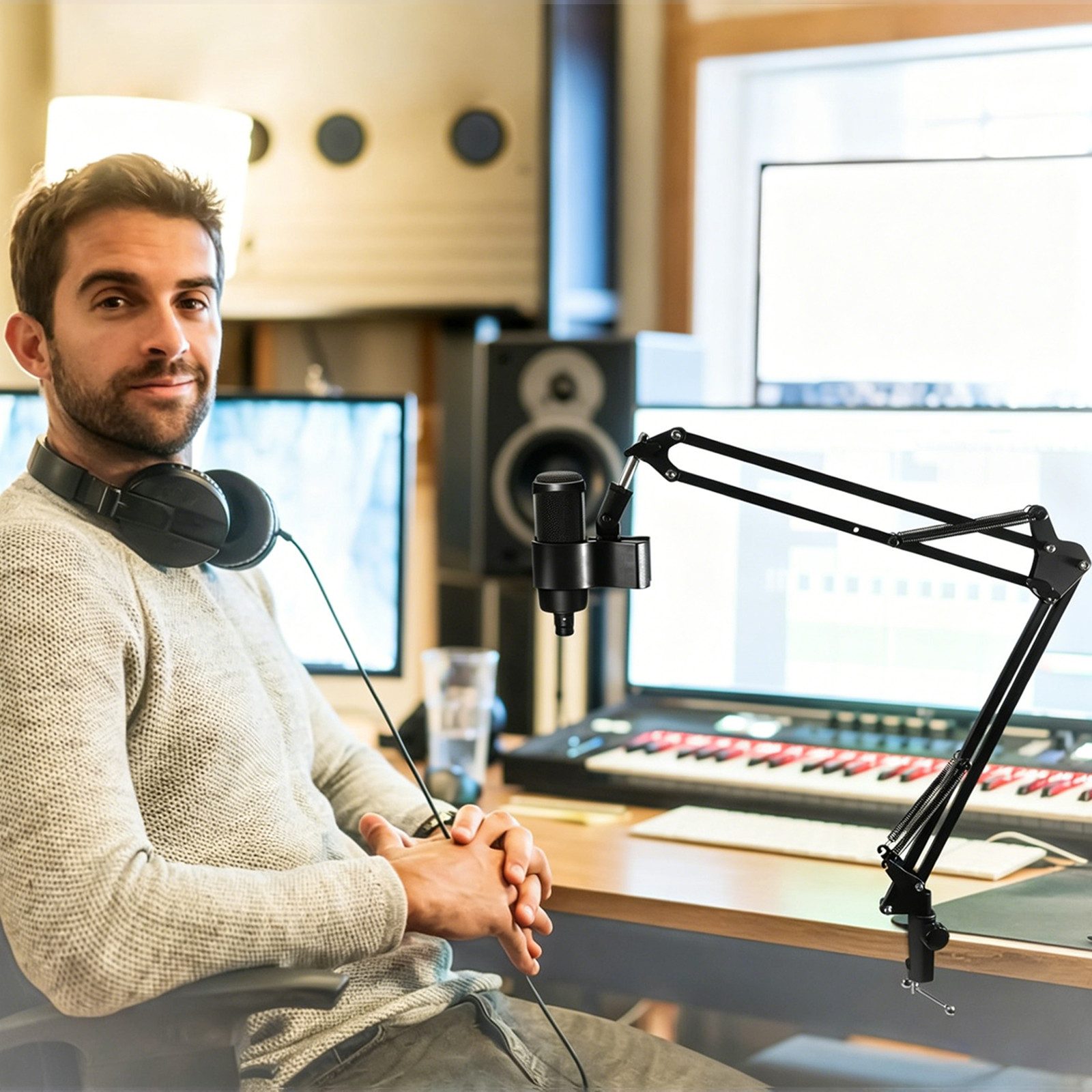AIMAX Mikrofonständer Mikrofonhalterung mit Gelenkarm & Tischklemme für Podcast & Streaming, 1 Doppelzug Tablet Halter (12-25cm), 2 Mikrofonclips (3-6cm +U-Klemme)