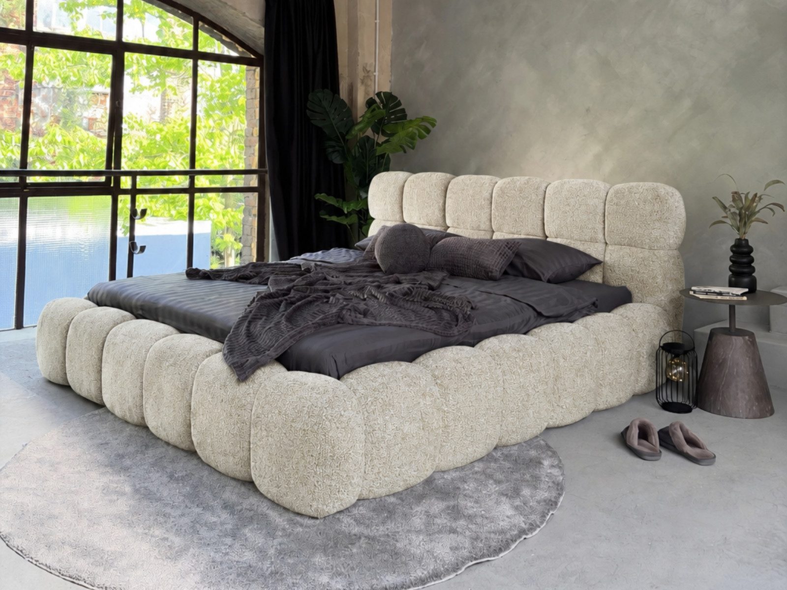 yourhouse24 Polsterbett Design-Bett im Cloud-Look – Chenille Lumo, Bubble-Optik & Japandi