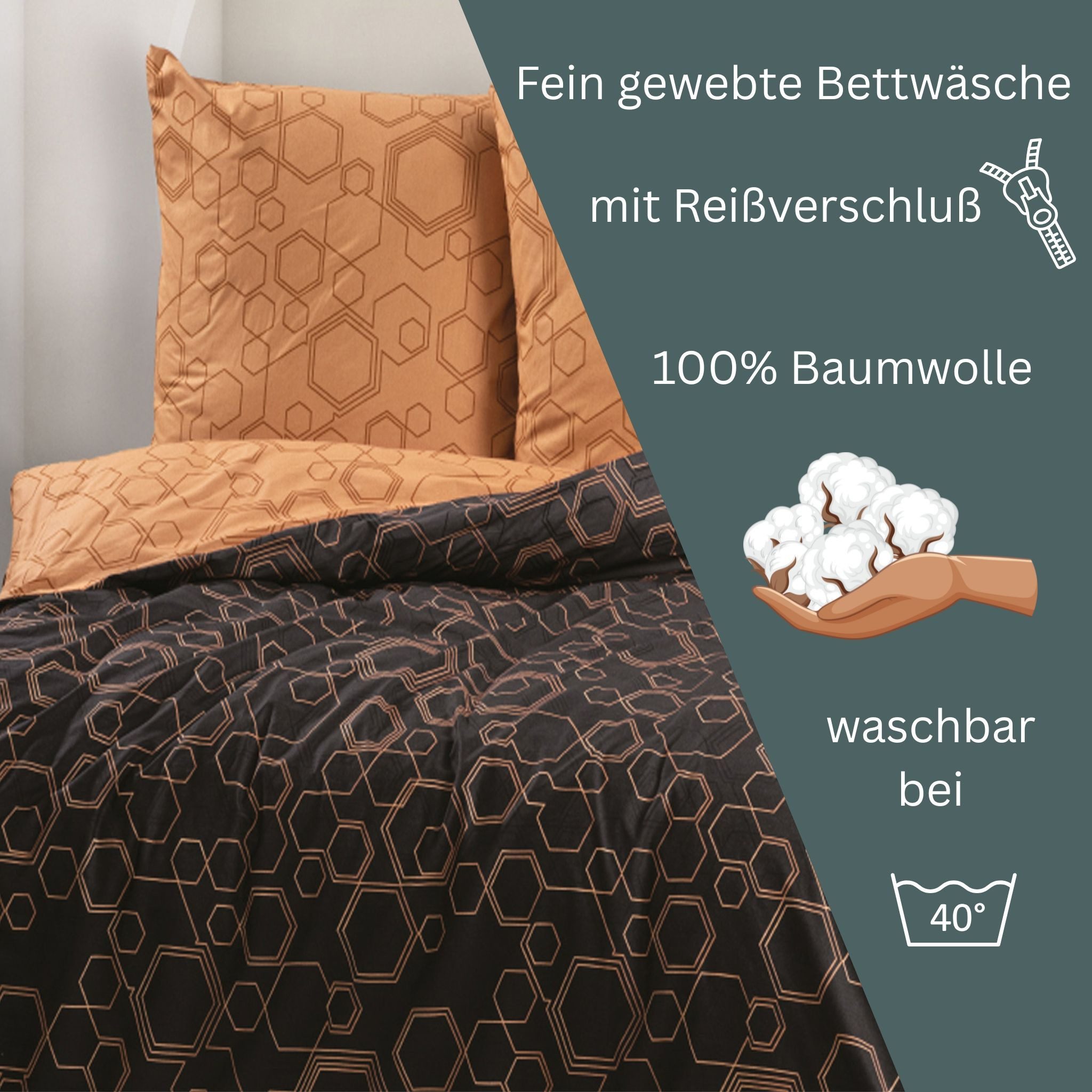 Leonado Vicenti Bettwäsche 100% Baumwolle 135x200 155x200 155x220 200x200 200x220 240x220, Renforce, 3 teilig, Harmoniert ideal mit warmen Holztönen und goldfar – Bild 4 von 5